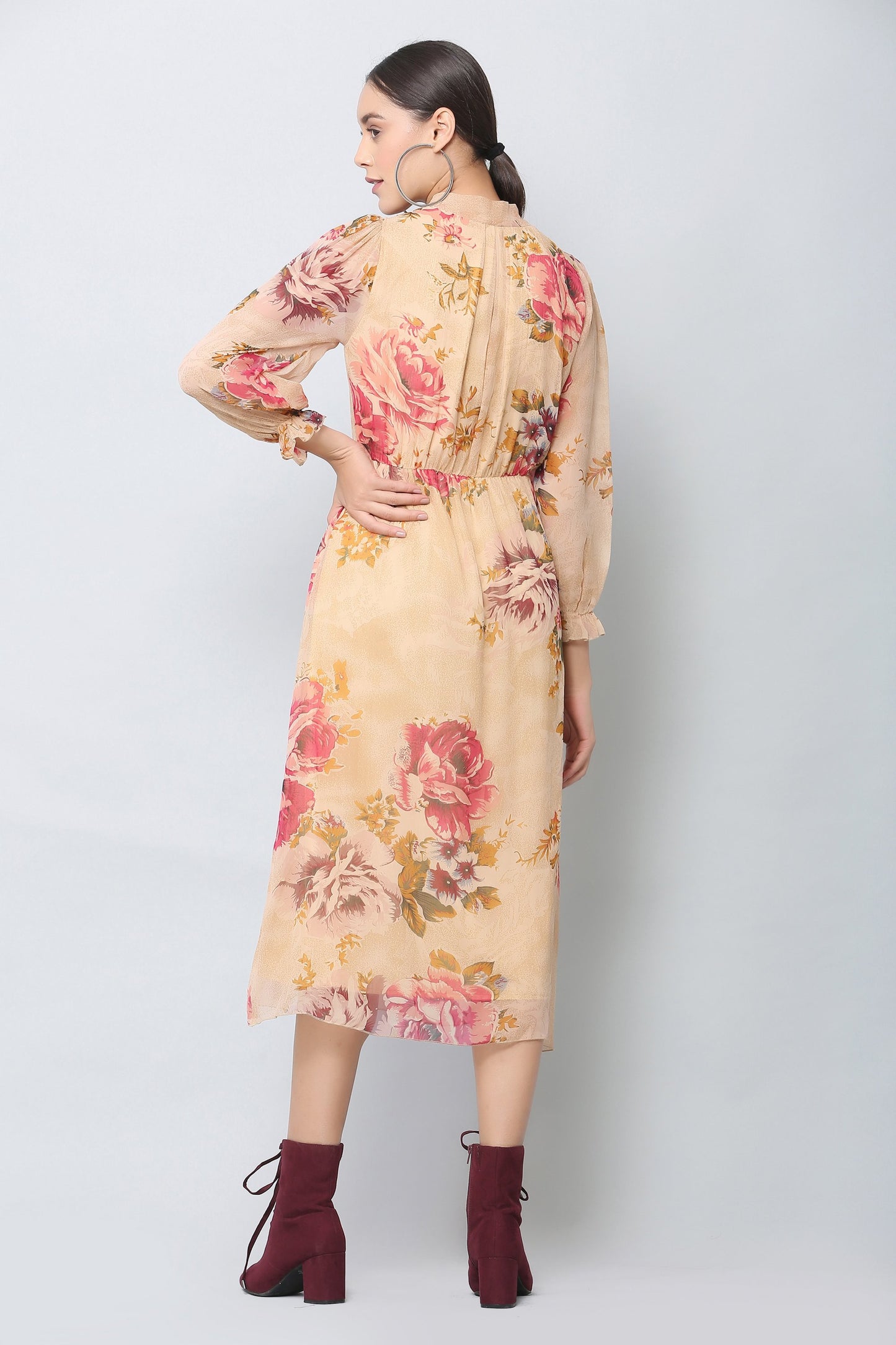 Beige Floral Midi Dress