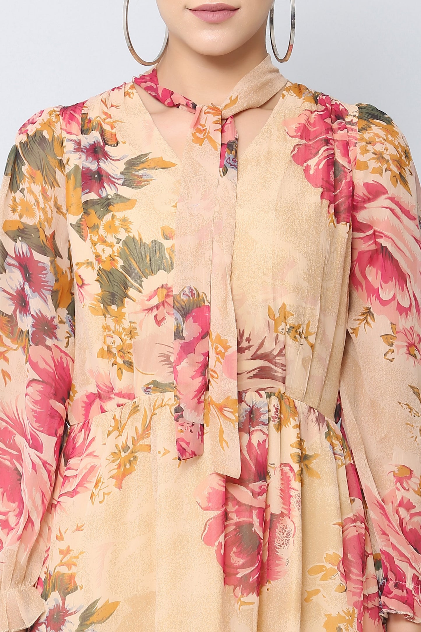 Beige Floral Midi Dress