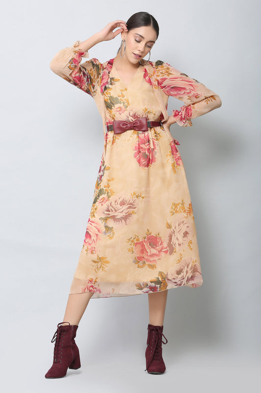 Beige Floral Midi Dress