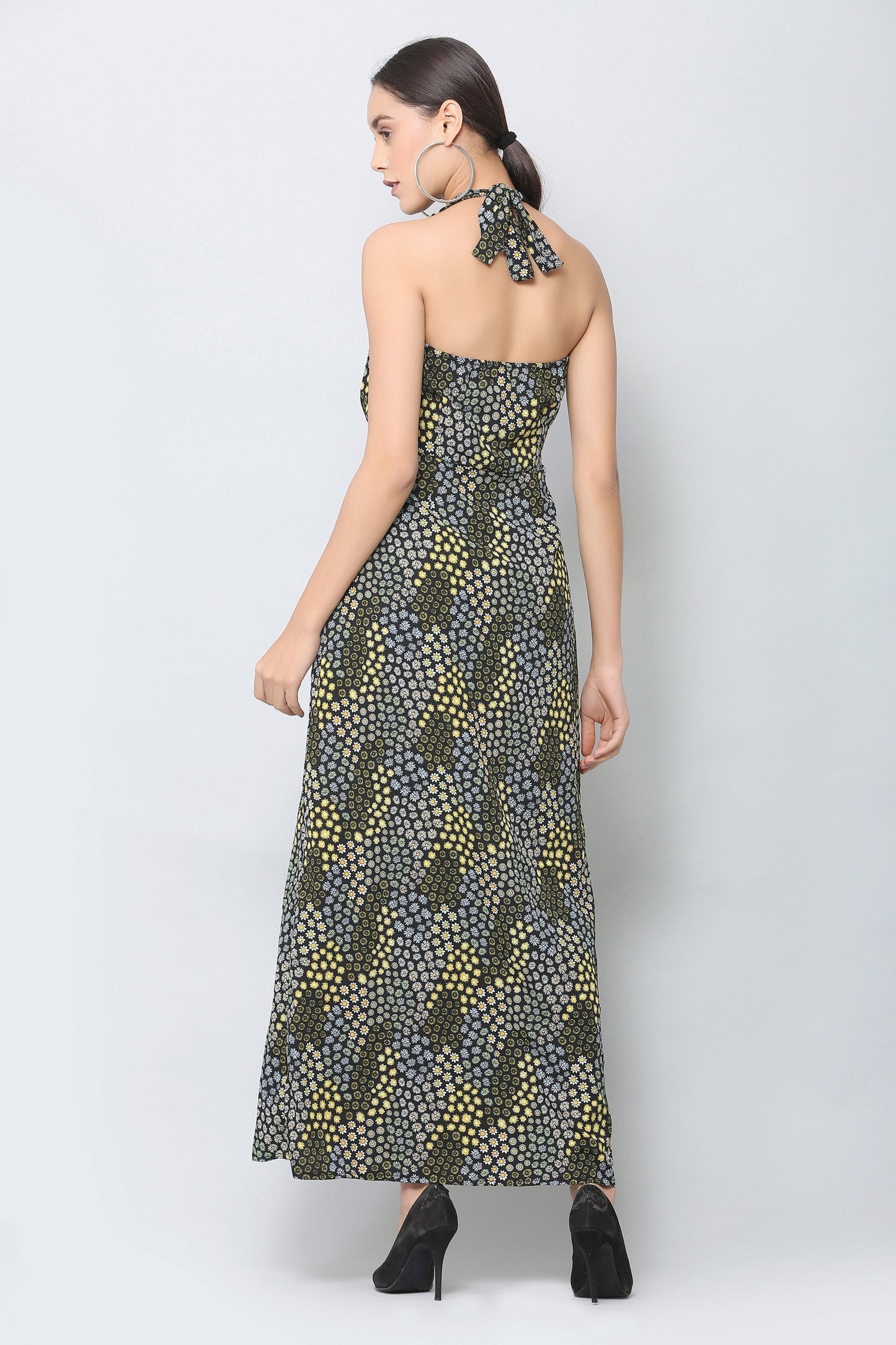Black Halter Print Maxi Dress