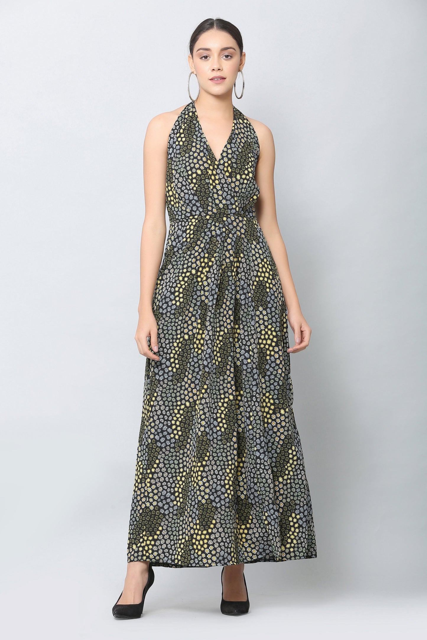 Black Halter Print Maxi Dress