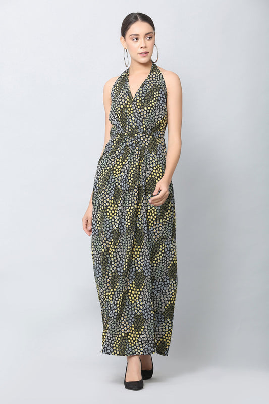 Black Halter Print Maxi Dress