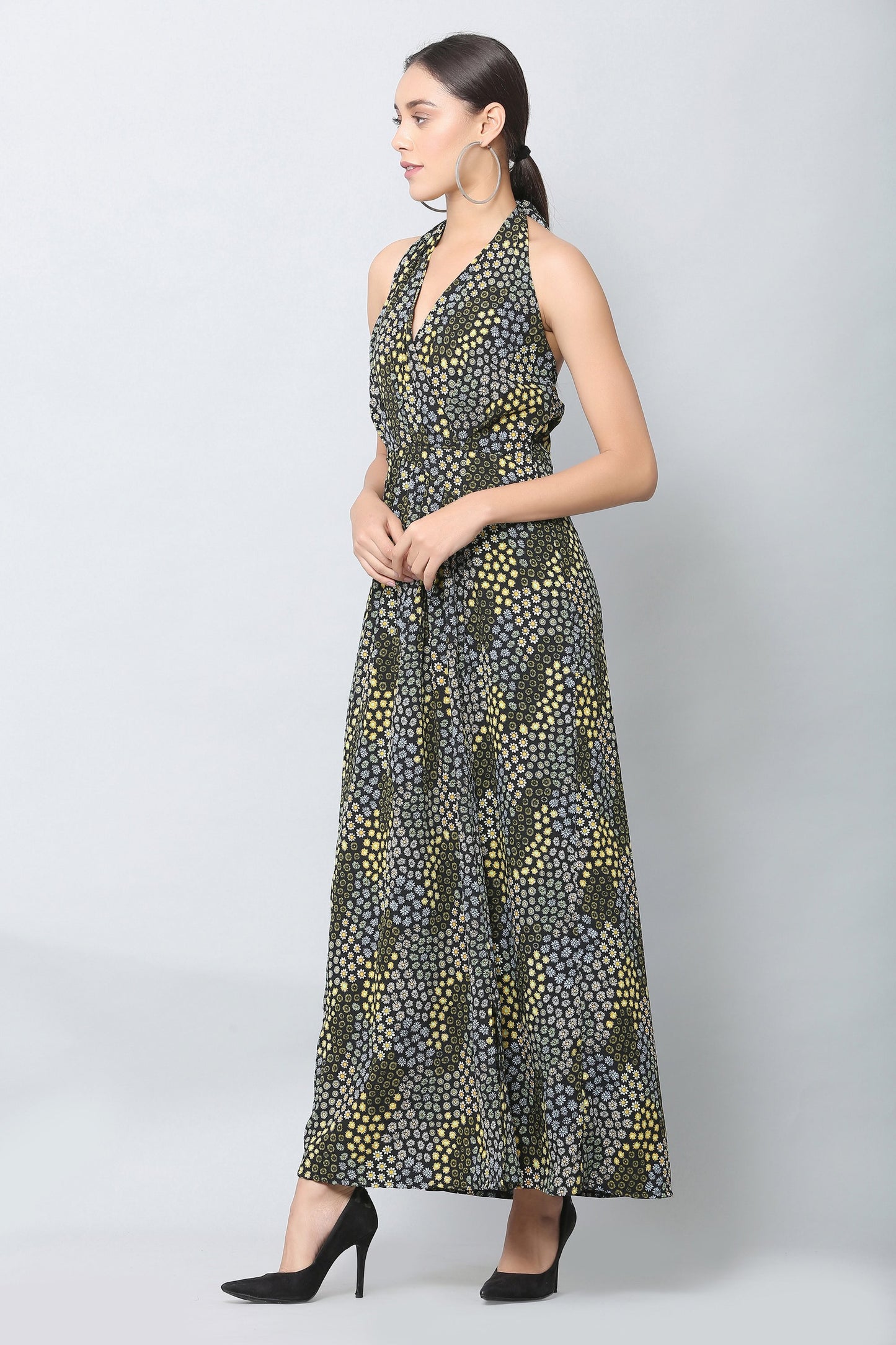 Black Halter Print Maxi Dress