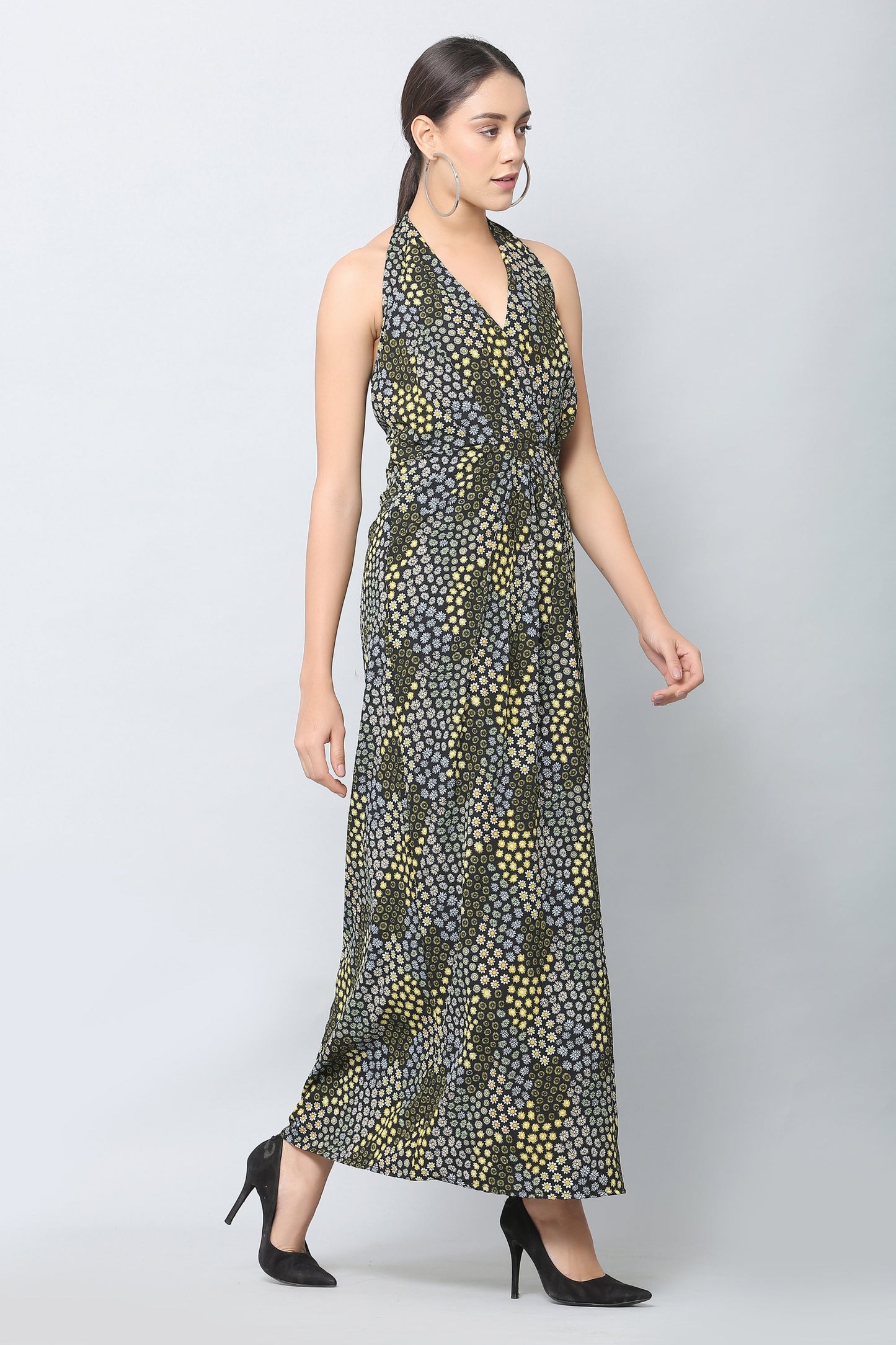 Black Halter Print Maxi Dress