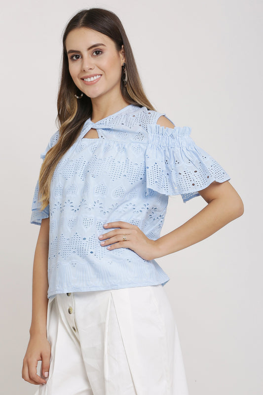 Sky Embroidered Cold Shoulder Top