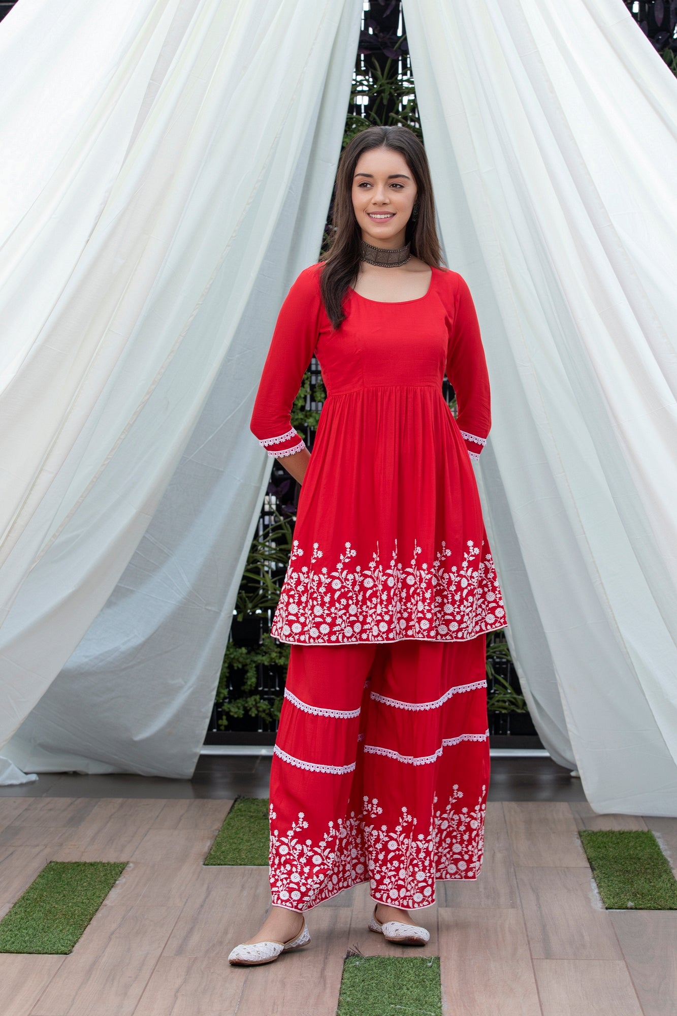 Red Flared Embroidered Kurta Set