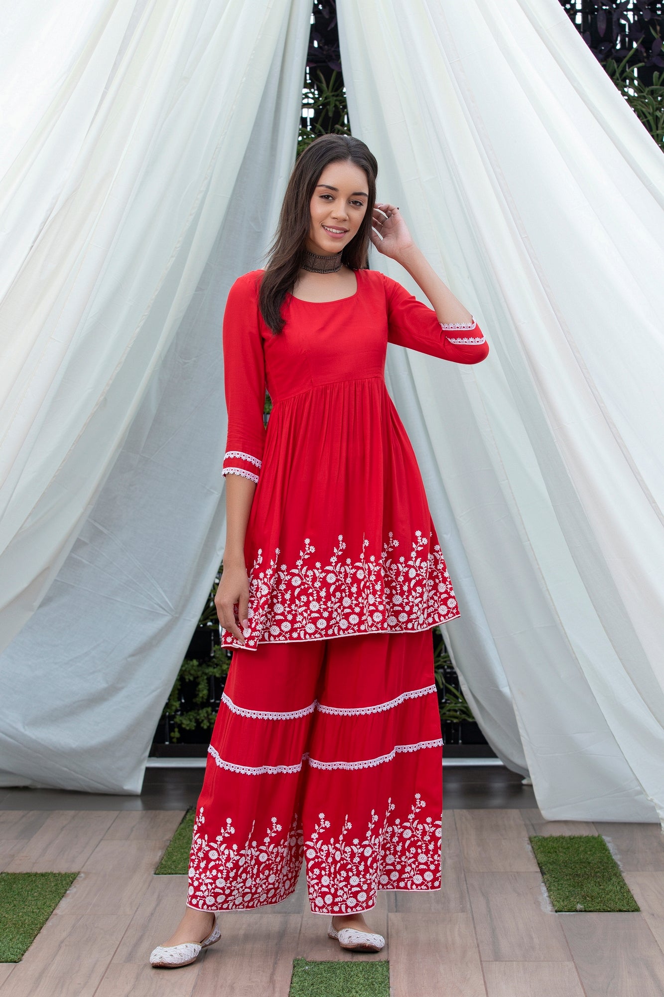 Red Flared Embroidered Kurta Set