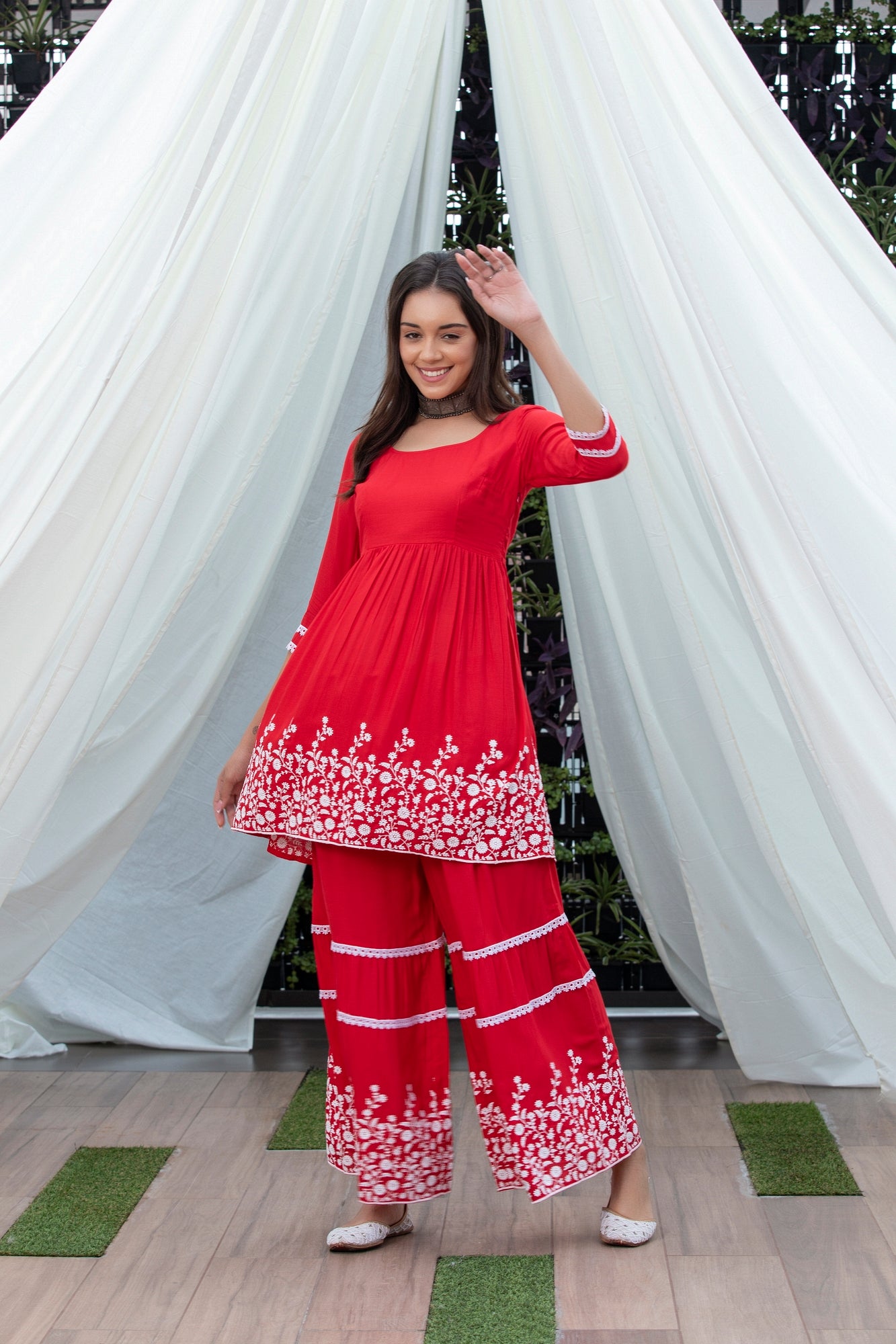 Red Flared Embroidered Kurta Set