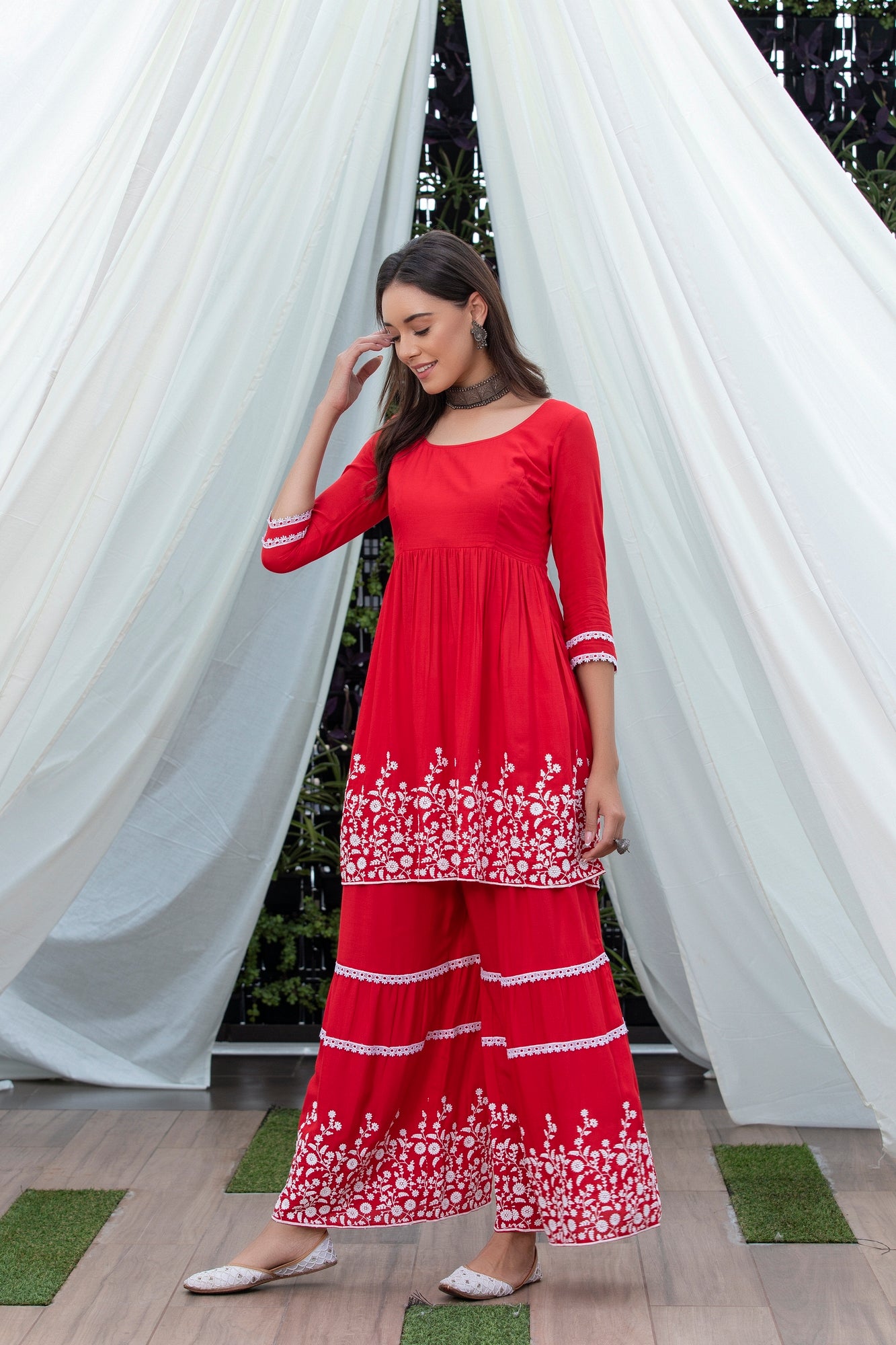 Red Flared Embroidered Kurta Set