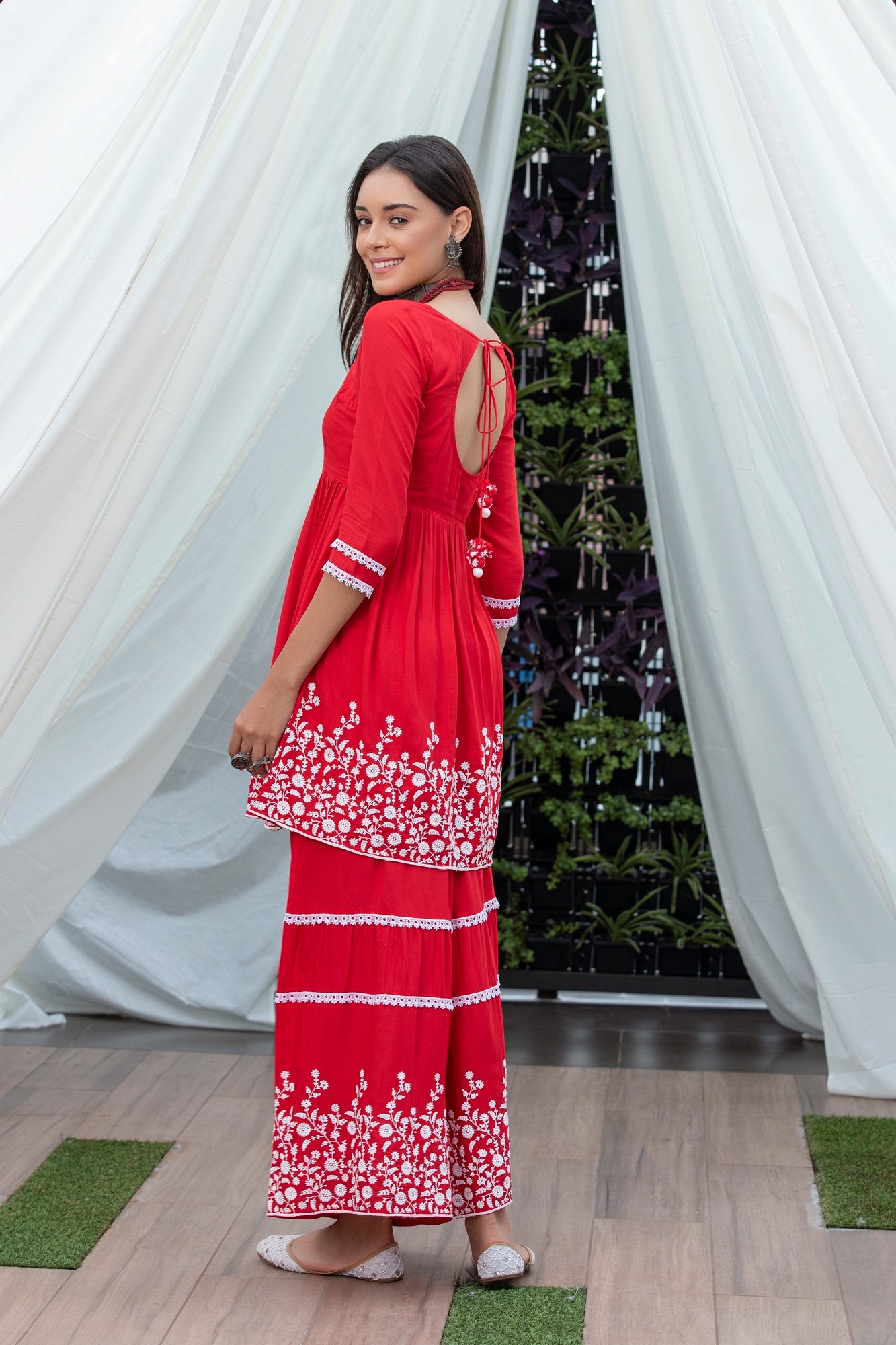 Red Flared Embroidered Kurta Set