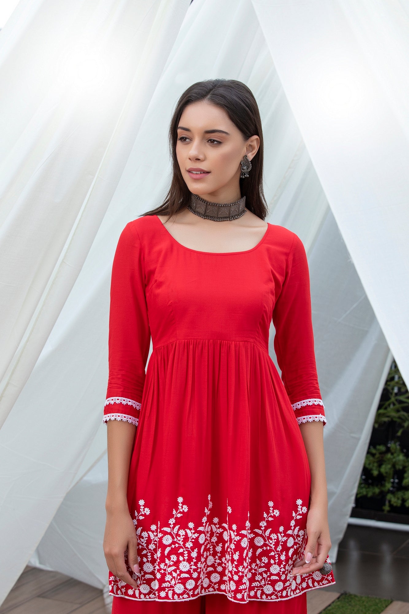 Red Flared Embroidered Kurta Set