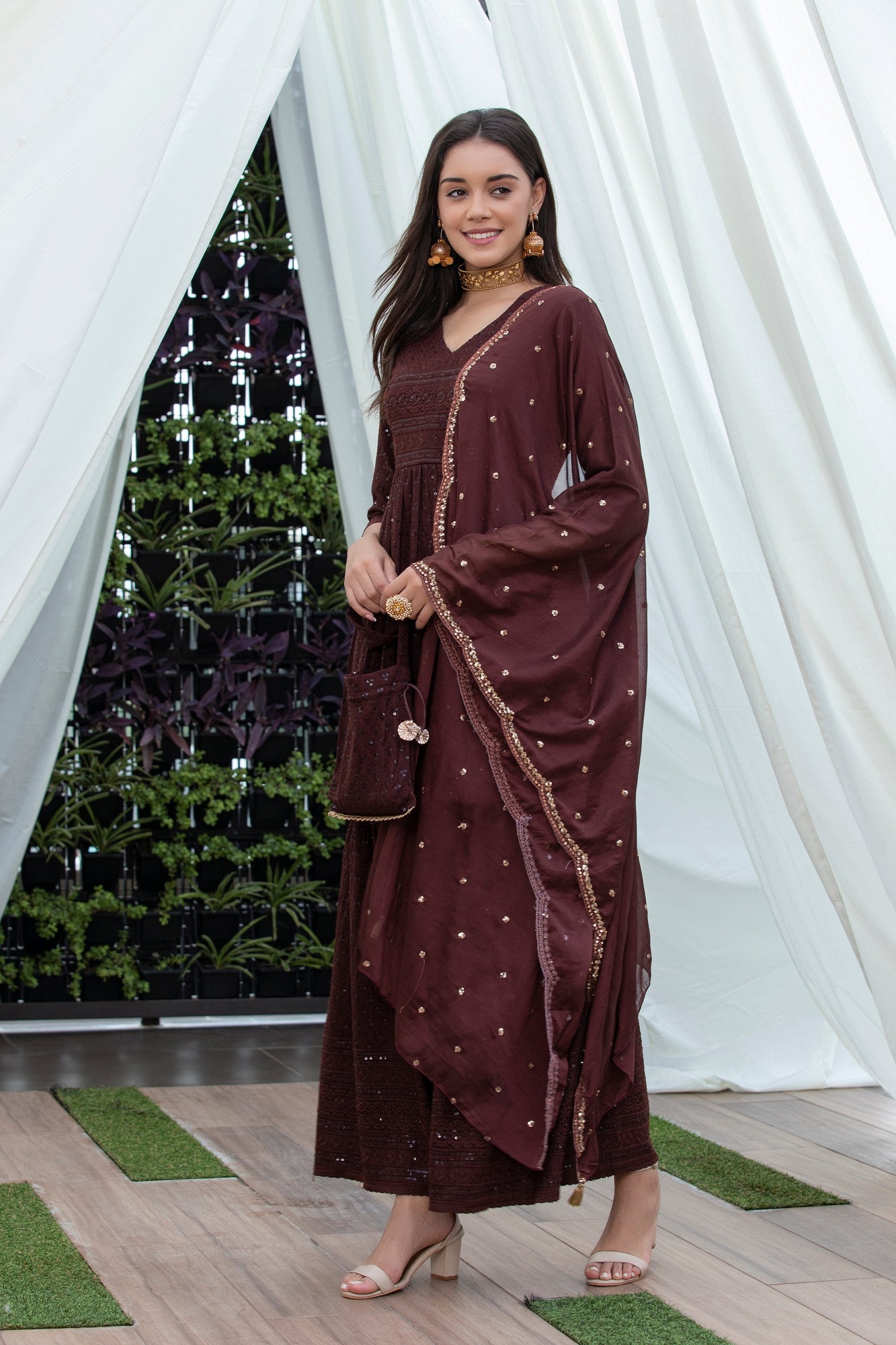 Mocha Sequence Chikankari Embroidered Suit Set