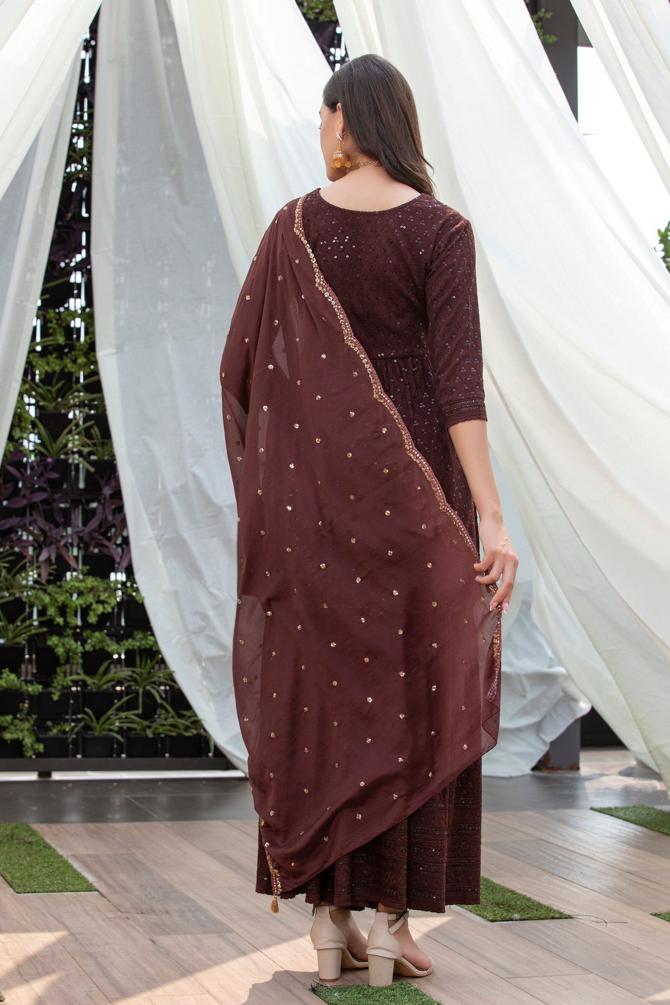 Mocha Sequence Chikankari Embroidered Suit Set