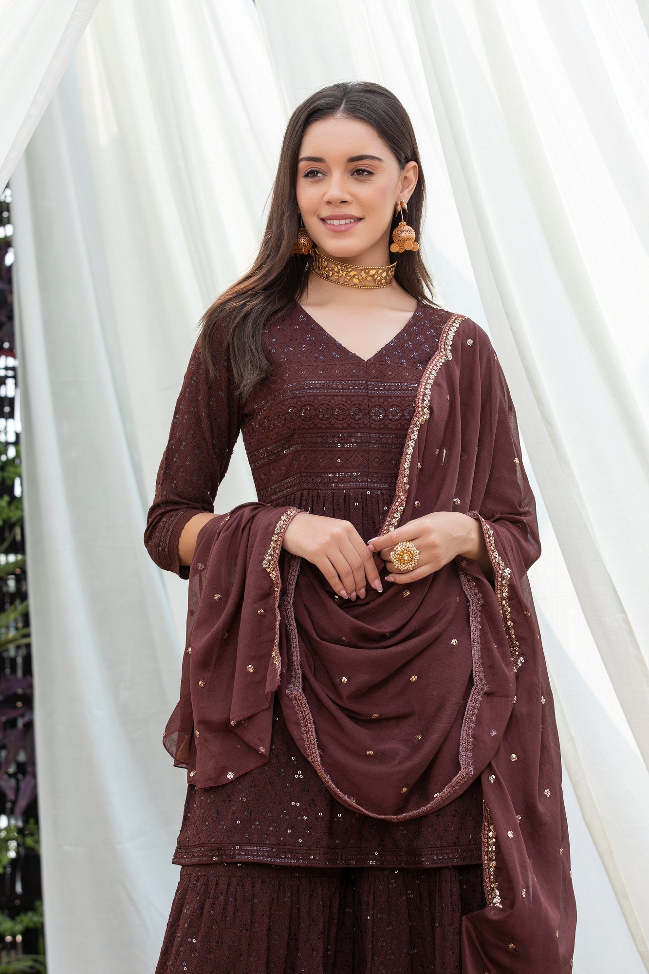 Mocha Sequence Chikankari Embroidered Suit Set