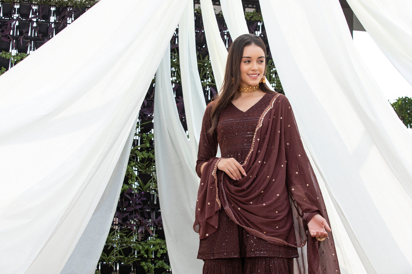 Mocha Sequence Chikankari Embroidered Suit Set