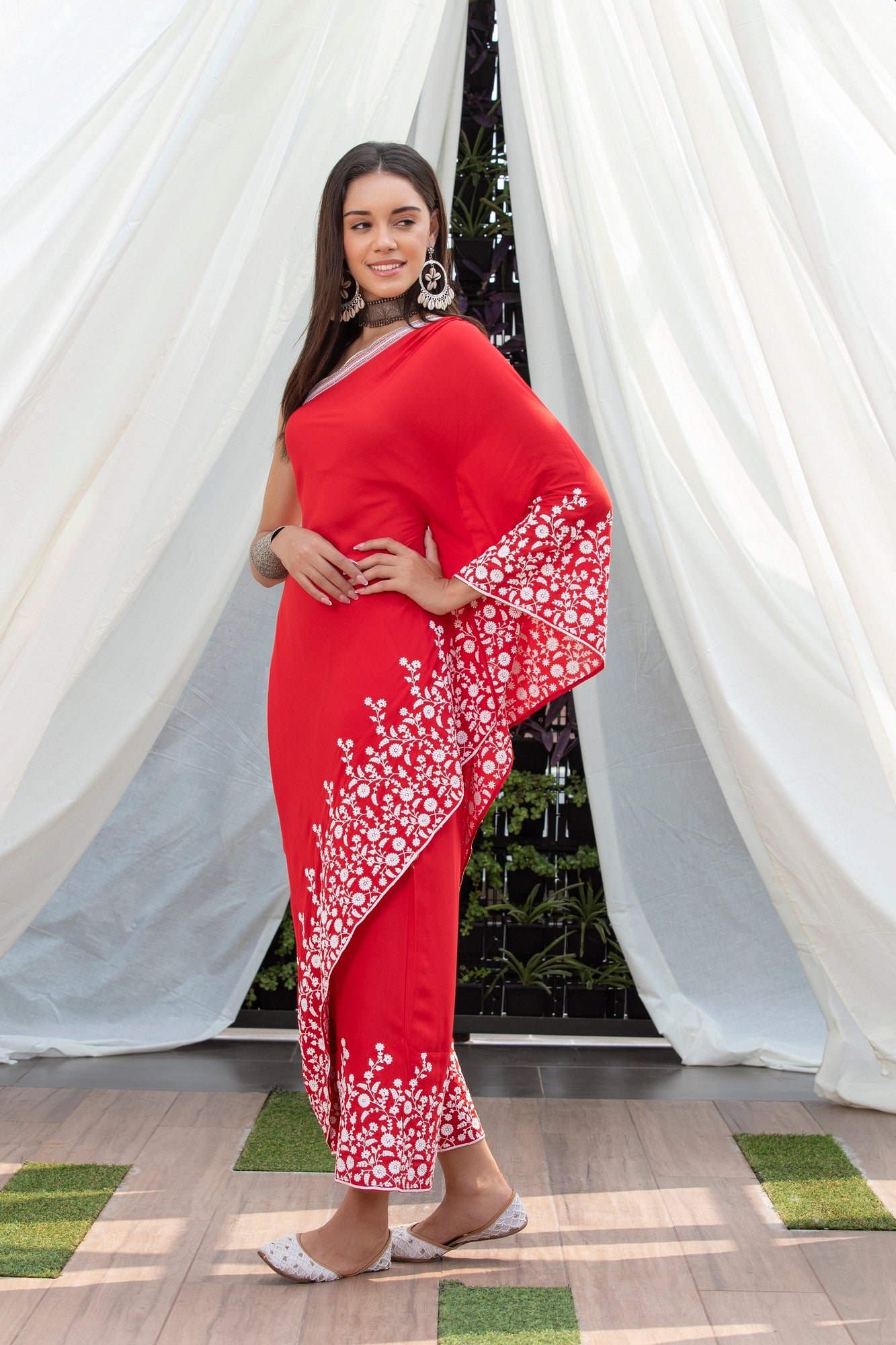 Red Embroidered Indie-Fusion Set