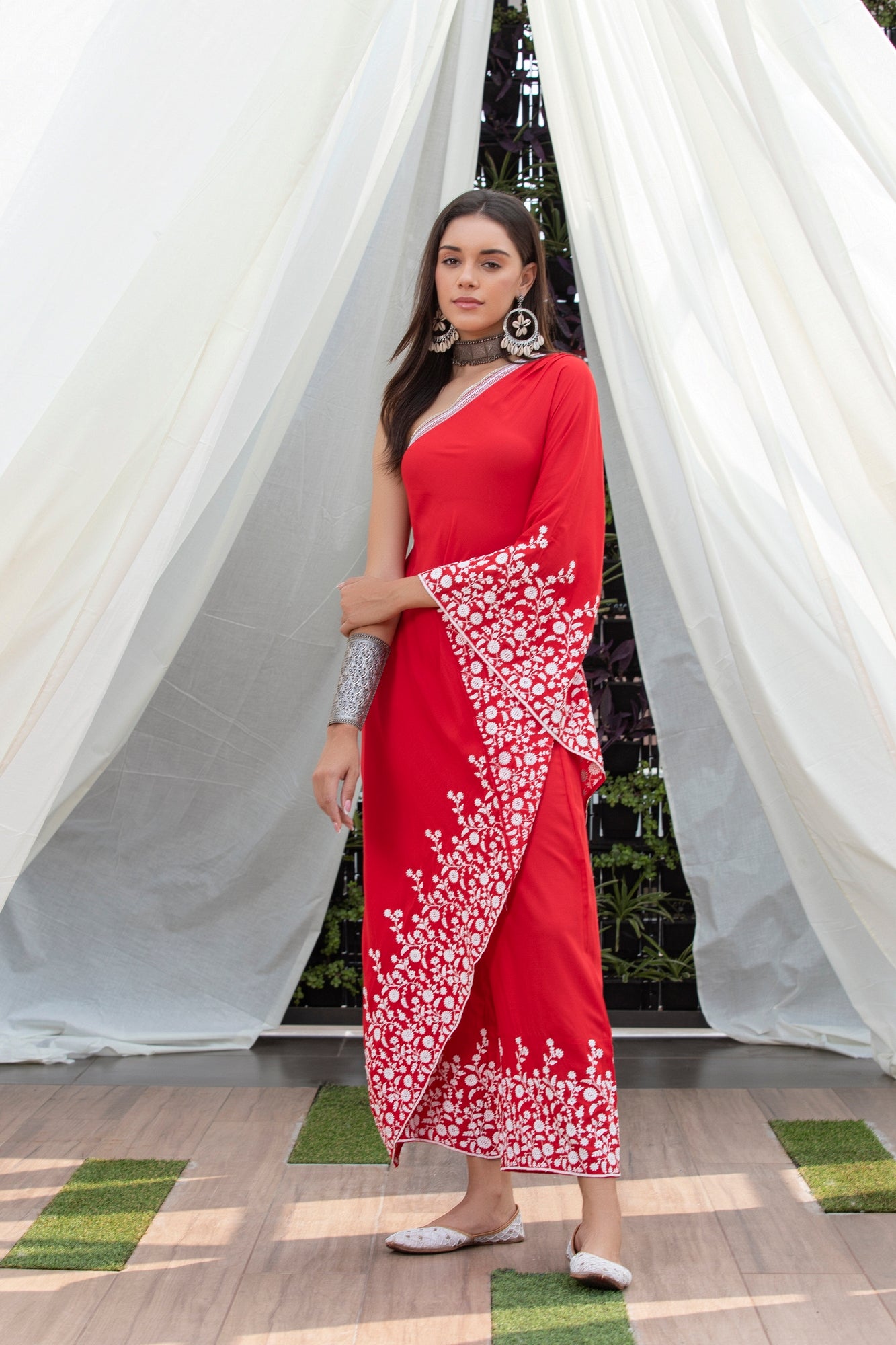 Red Embroidered Indie-Fusion Set