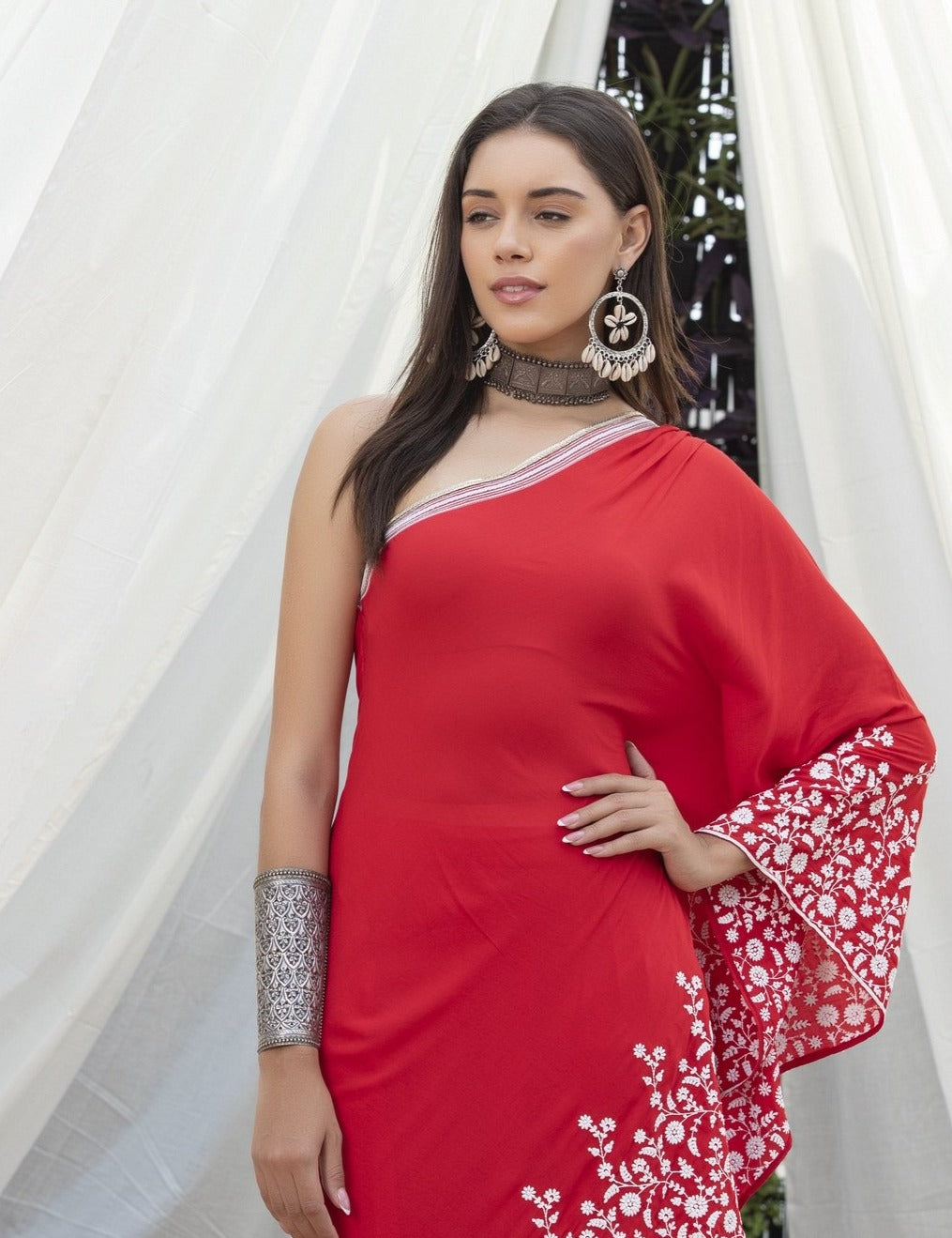 Red Embroidered Indie-Fusion Set
