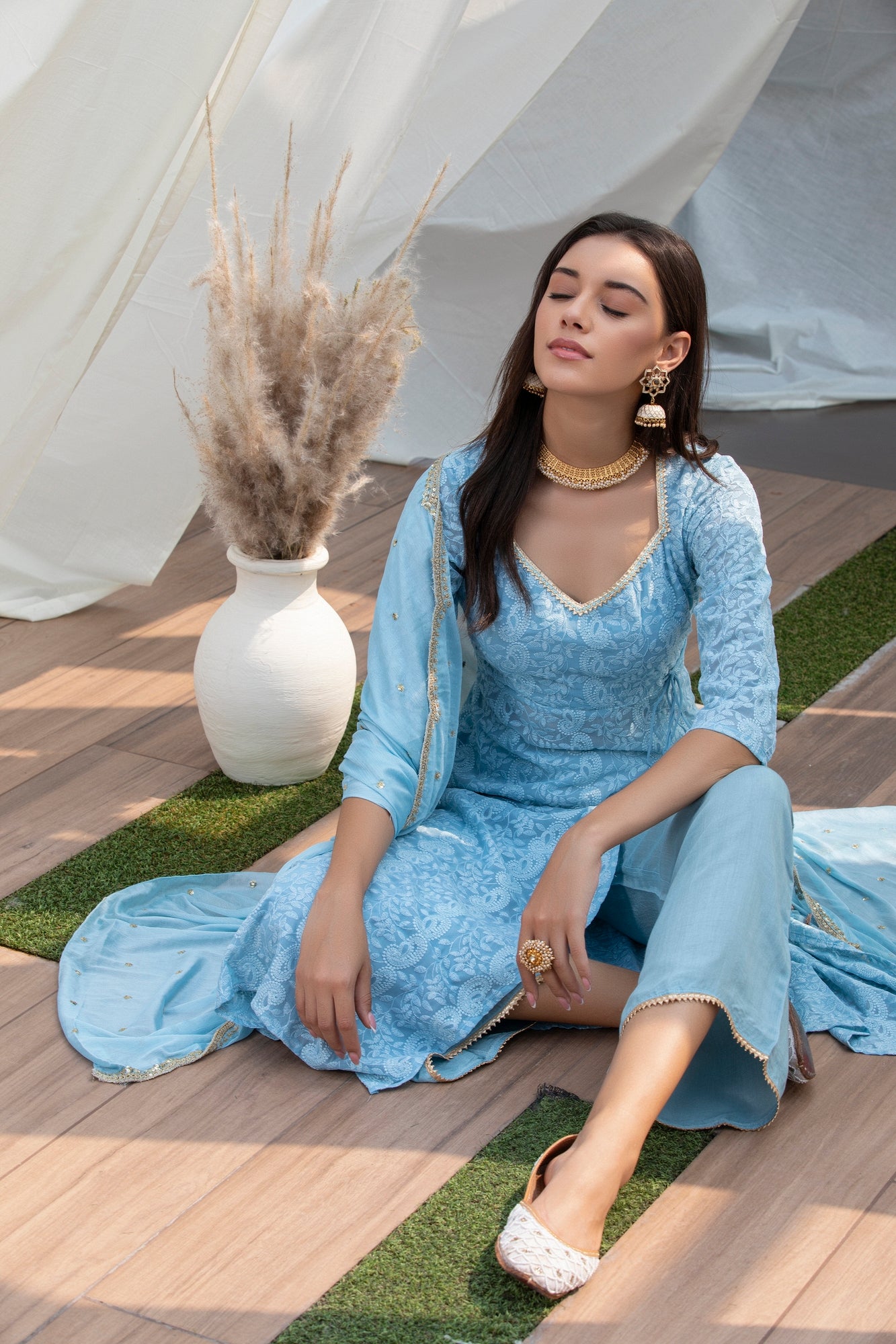 Sky Blue Lucknowi Chikankari Suit Set