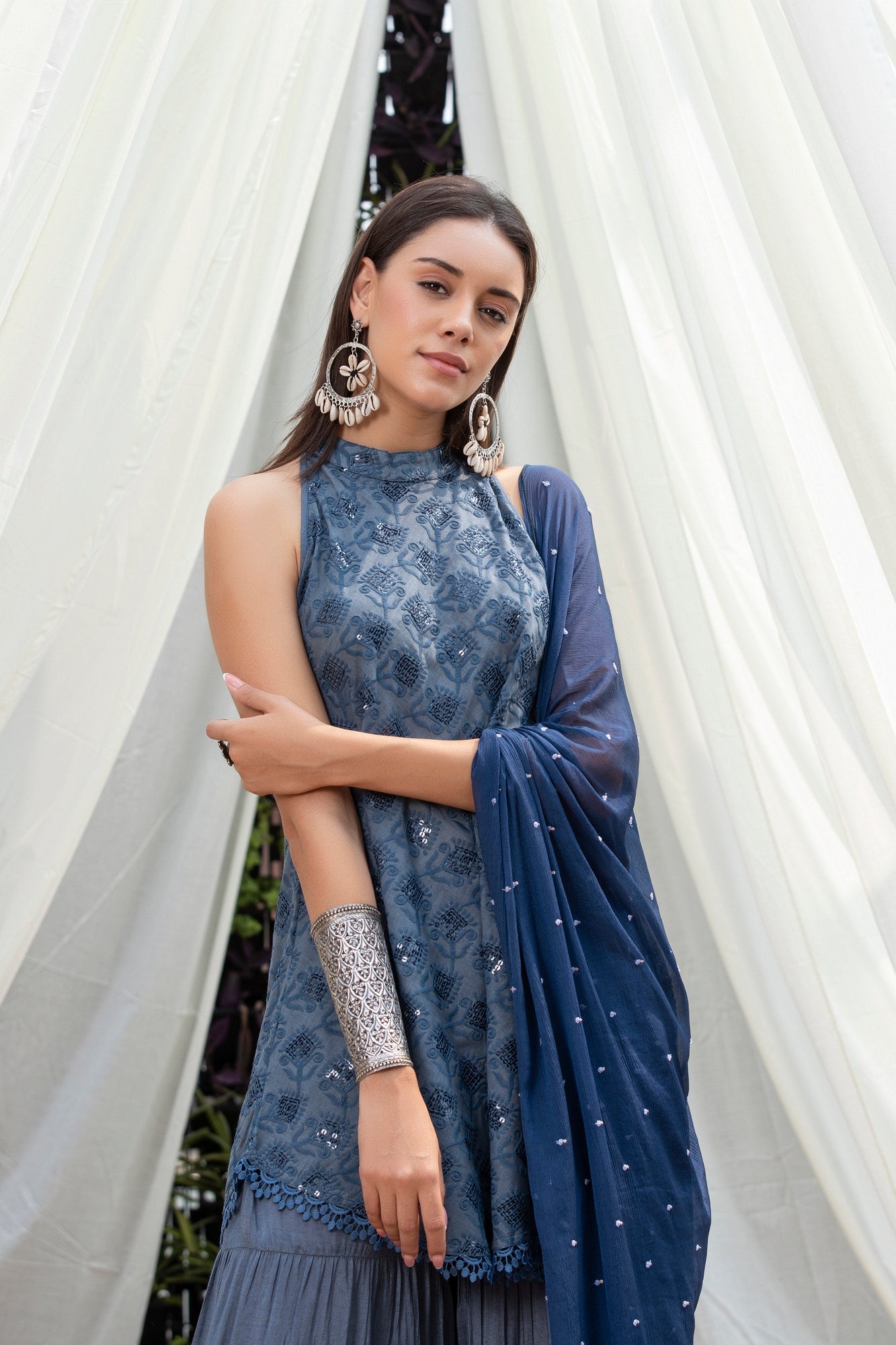 Stone Grey Halter Sequence Embroidered Suit Set