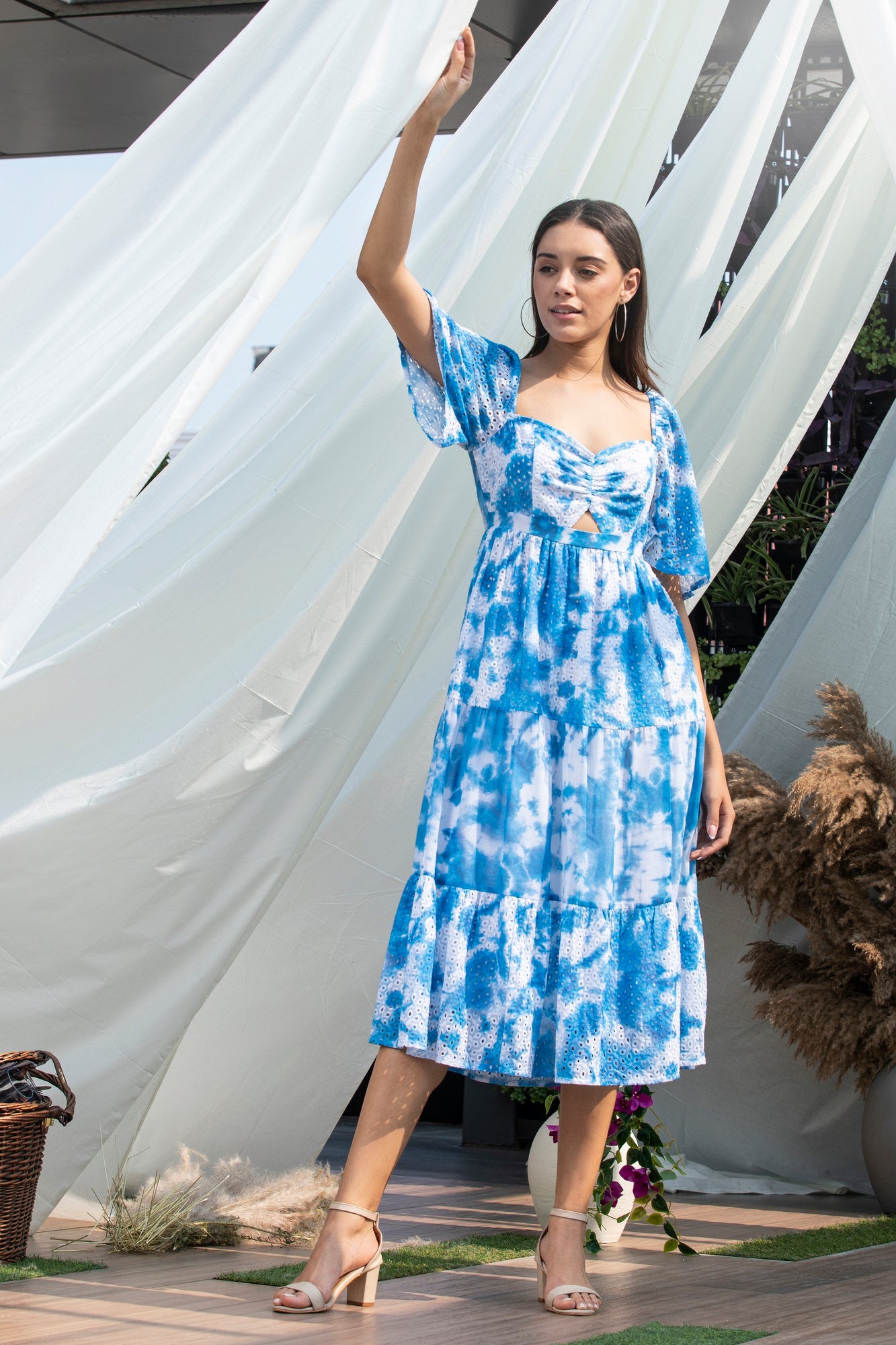 Blue Tie-Dye Schiffli Midi Dress
