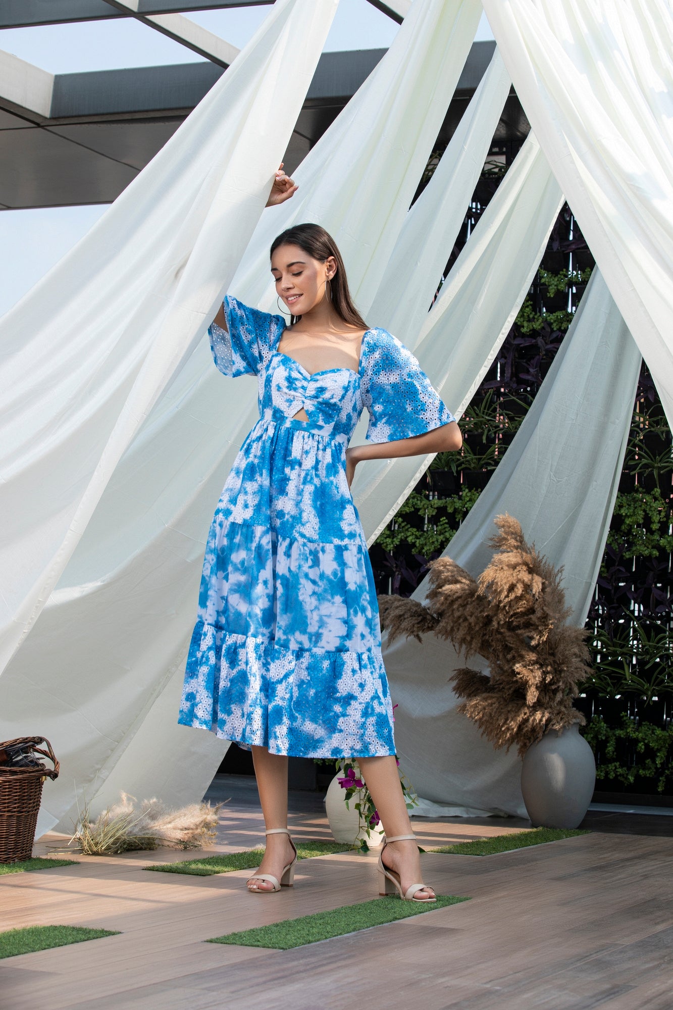 Blue Tie-Dye Schiffli Midi Dress