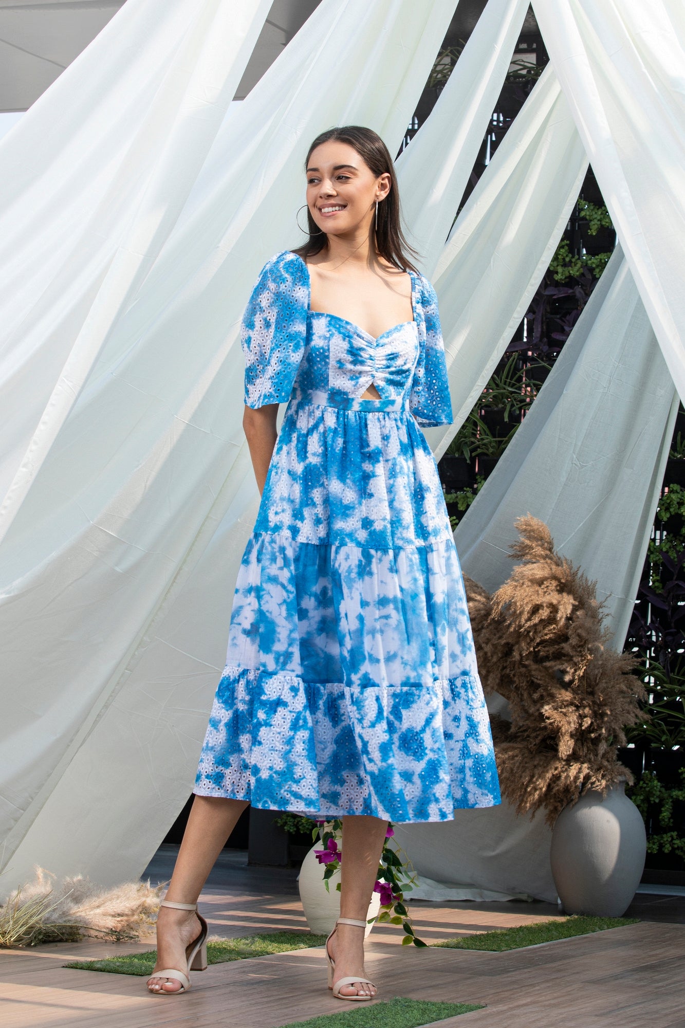 Blue Tie-Dye Schiffli Midi Dress