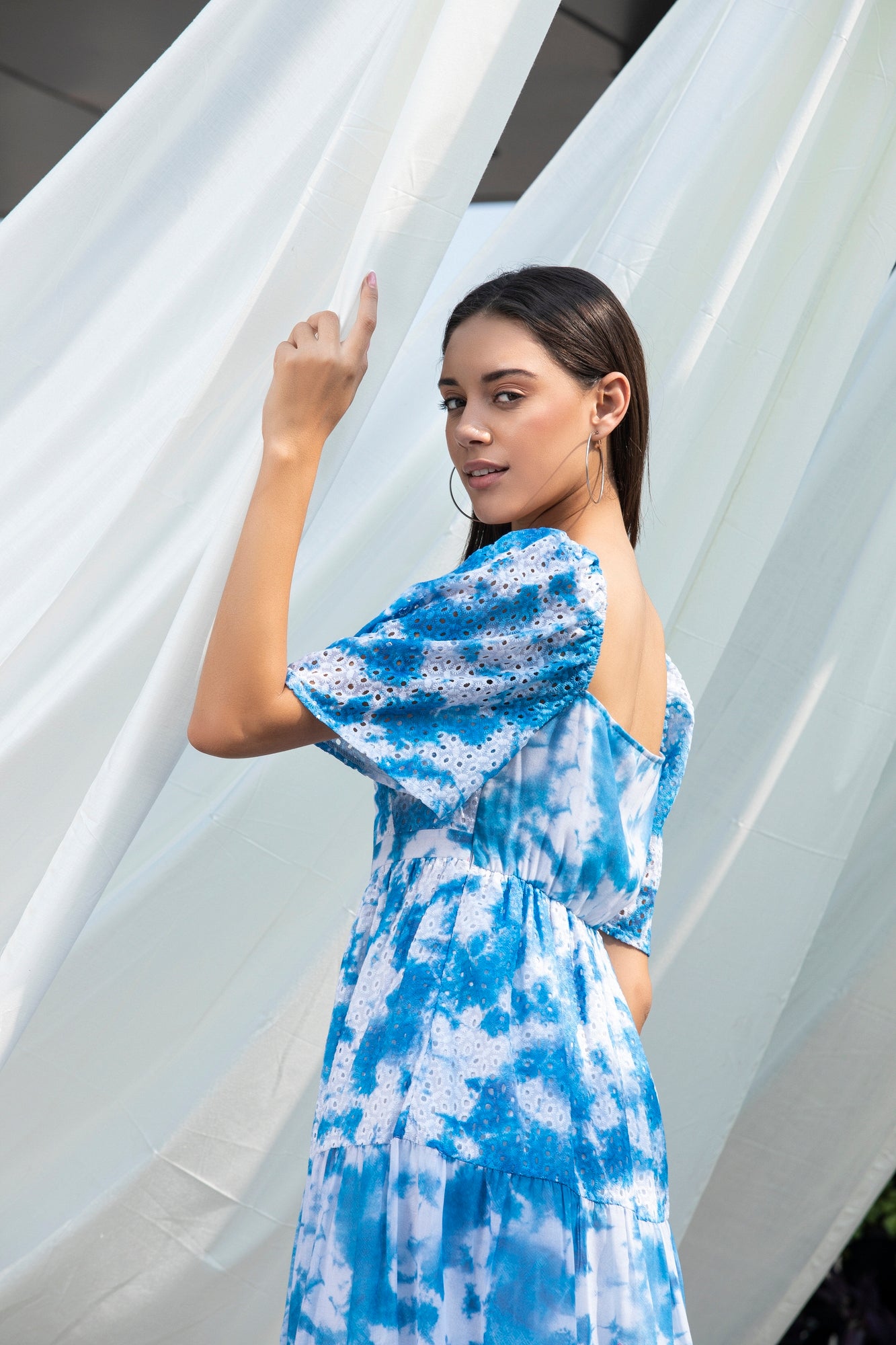 Blue Tie-Dye Schiffli Midi Dress