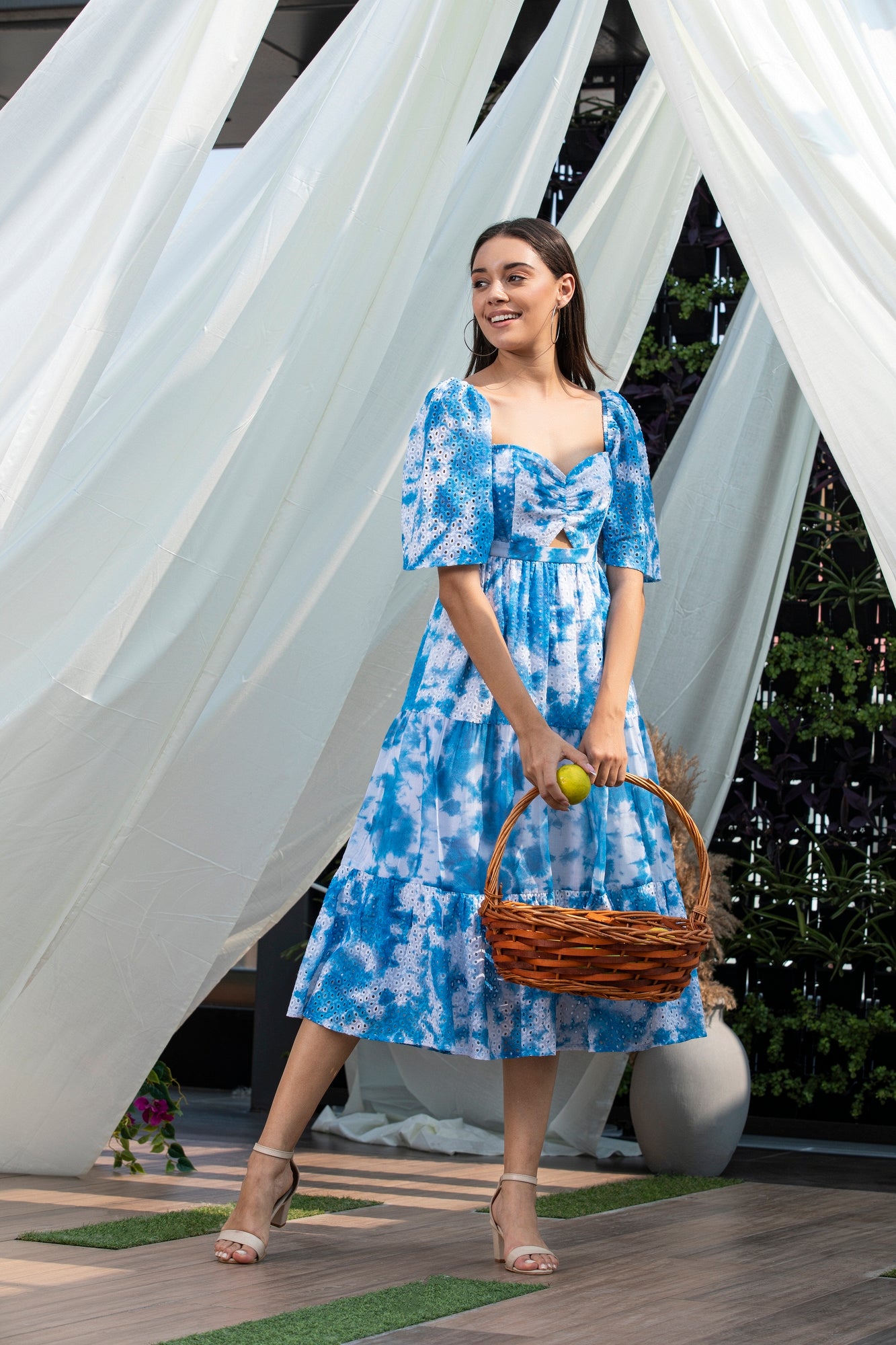 Blue Tie-Dye Schiffli Midi Dress