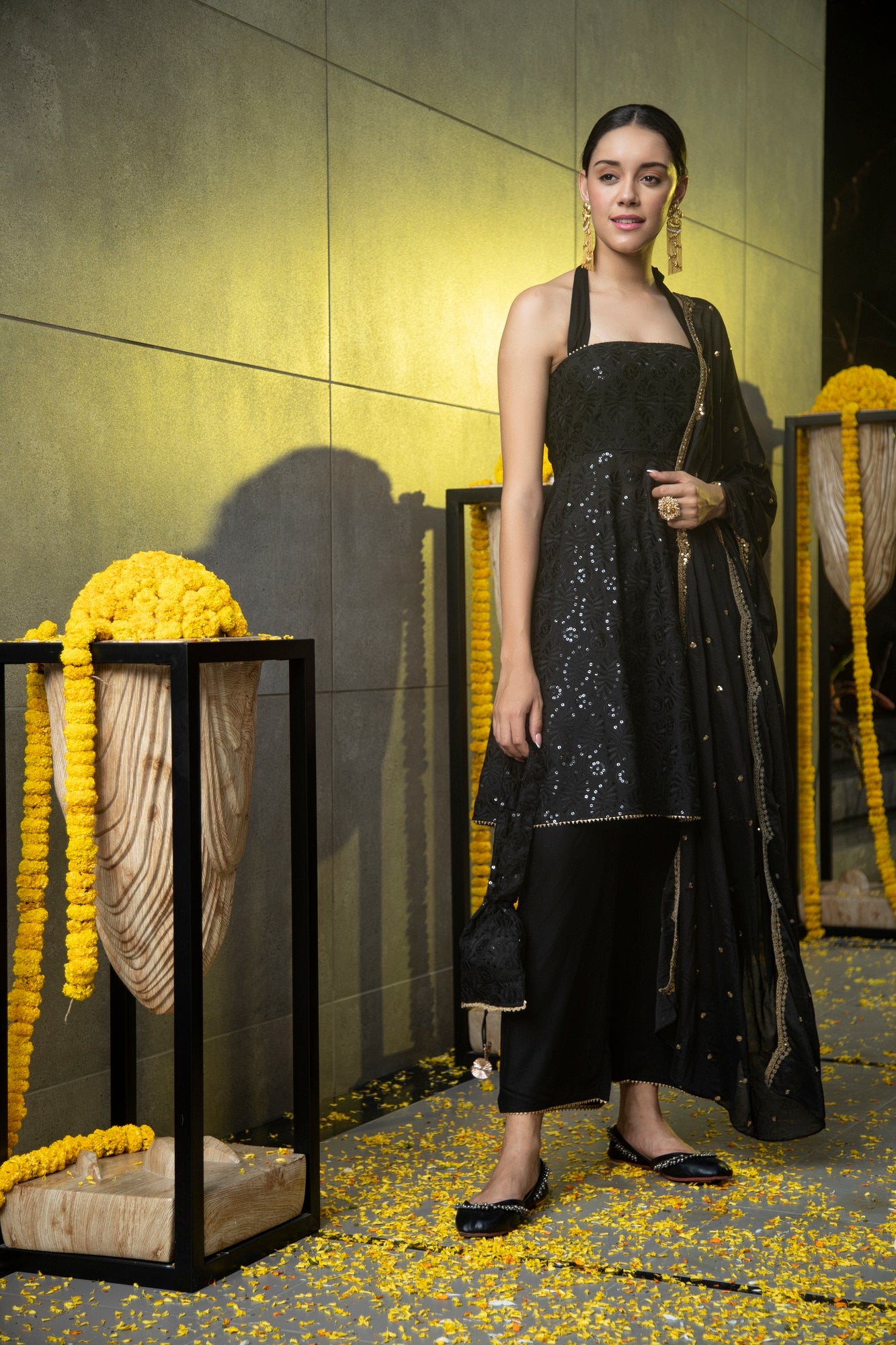 Black Halter Sequence Embroidered Suit Set