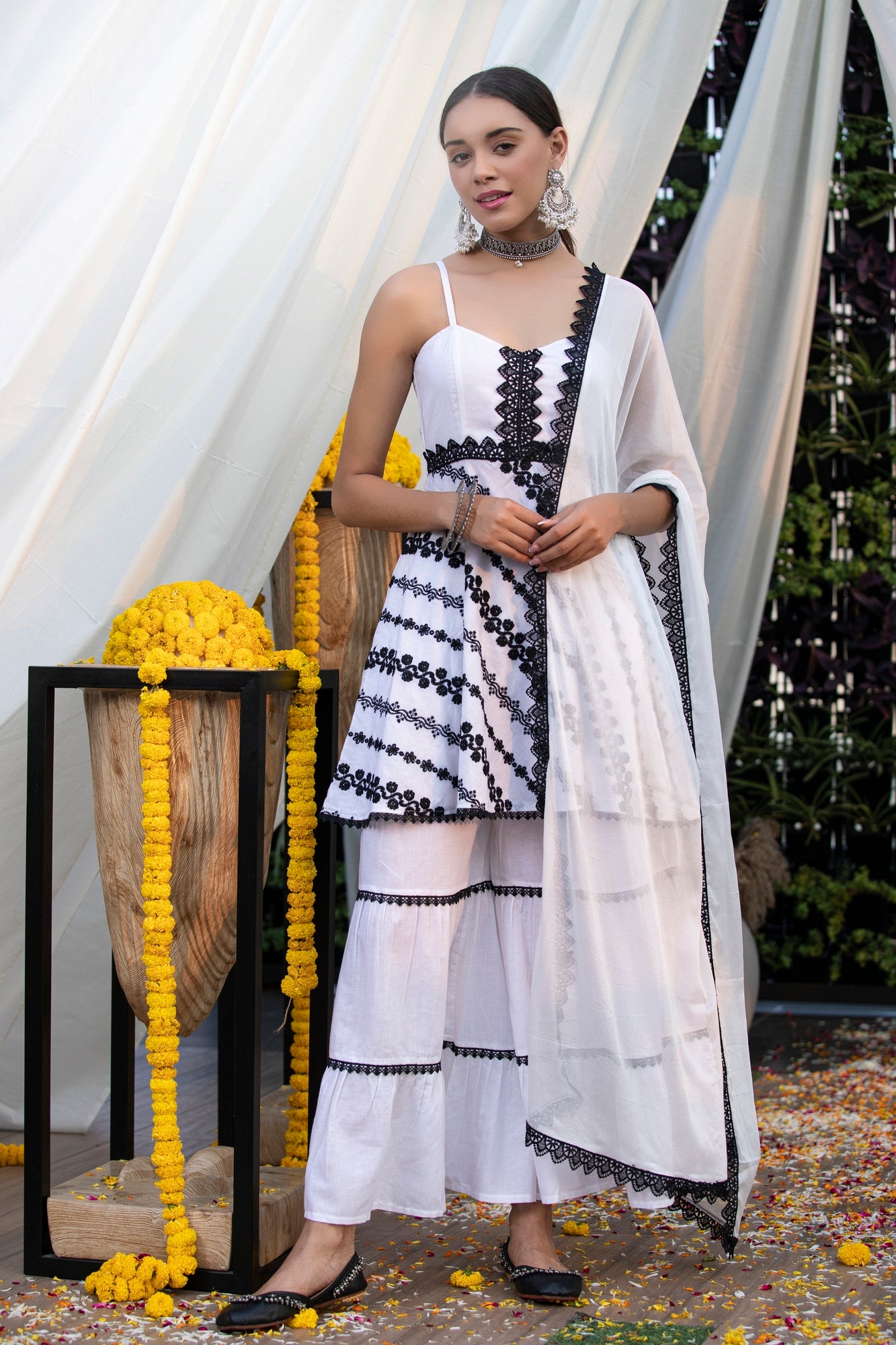 White Halter Monochrome Embroidered Suit Set