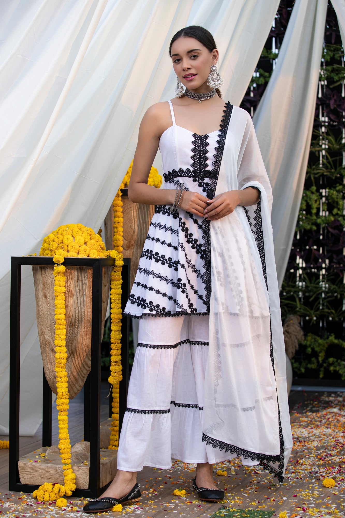 White Halter Monochrome Embroidered Suit Set
