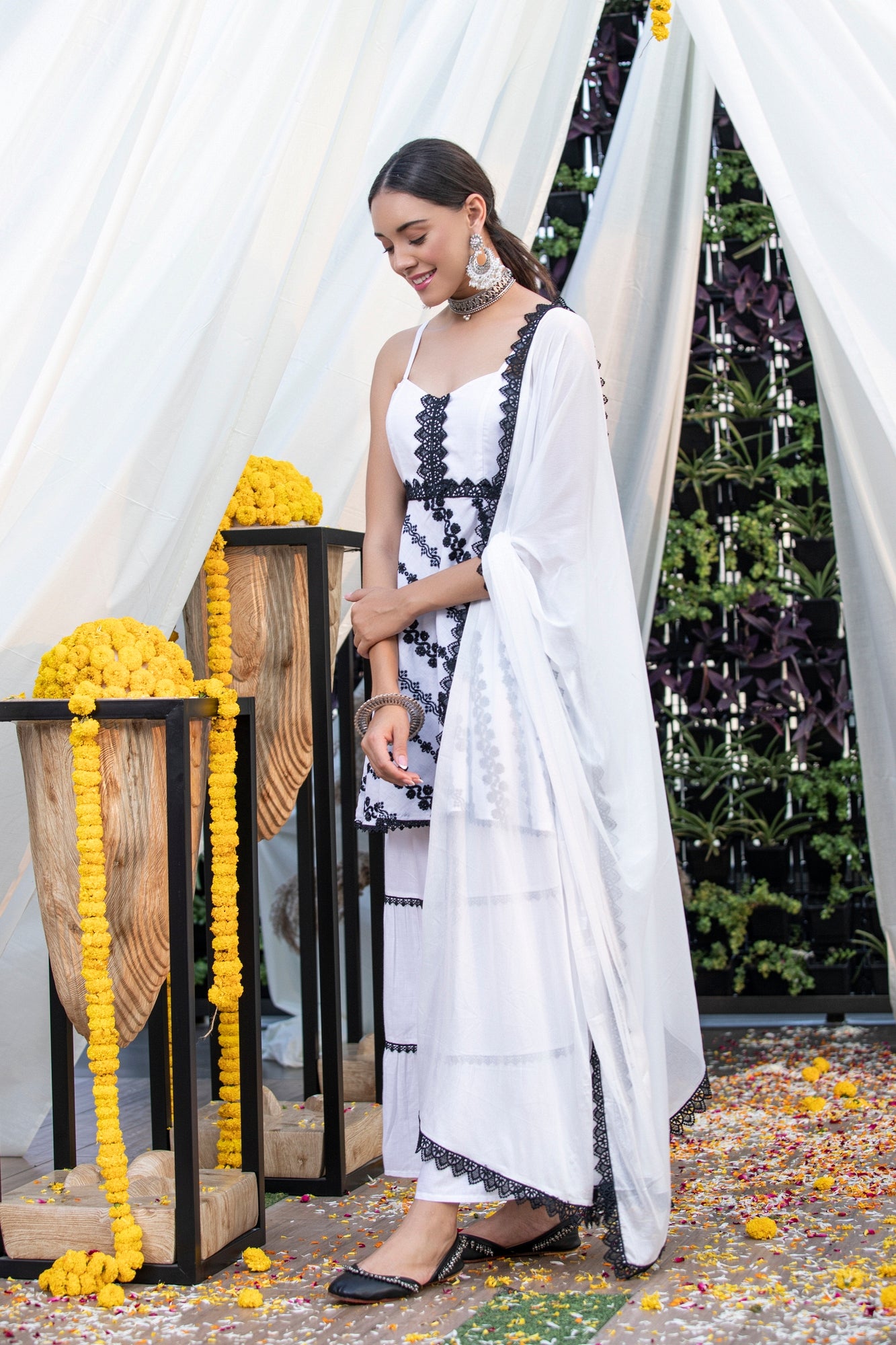 White Halter Monochrome Embroidered Suit Set