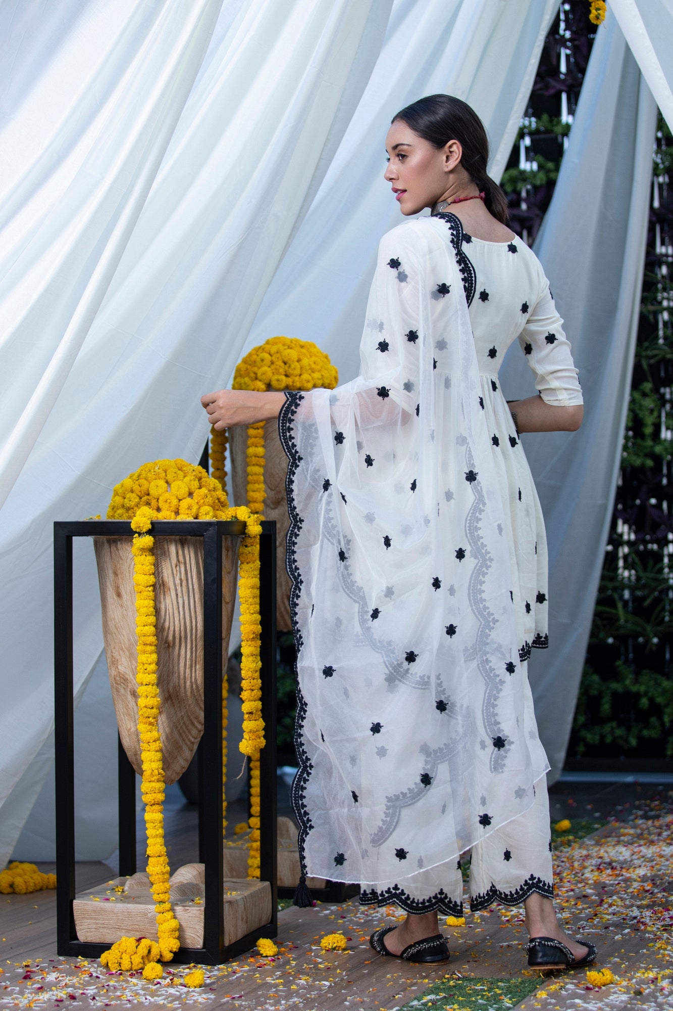 Cream and Black Embroidered Suit Set