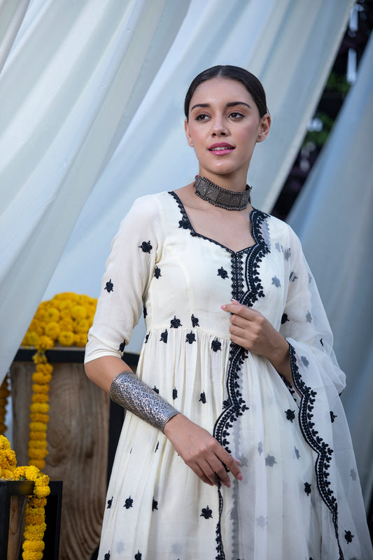 Cream and Black Embroidered Suit Set