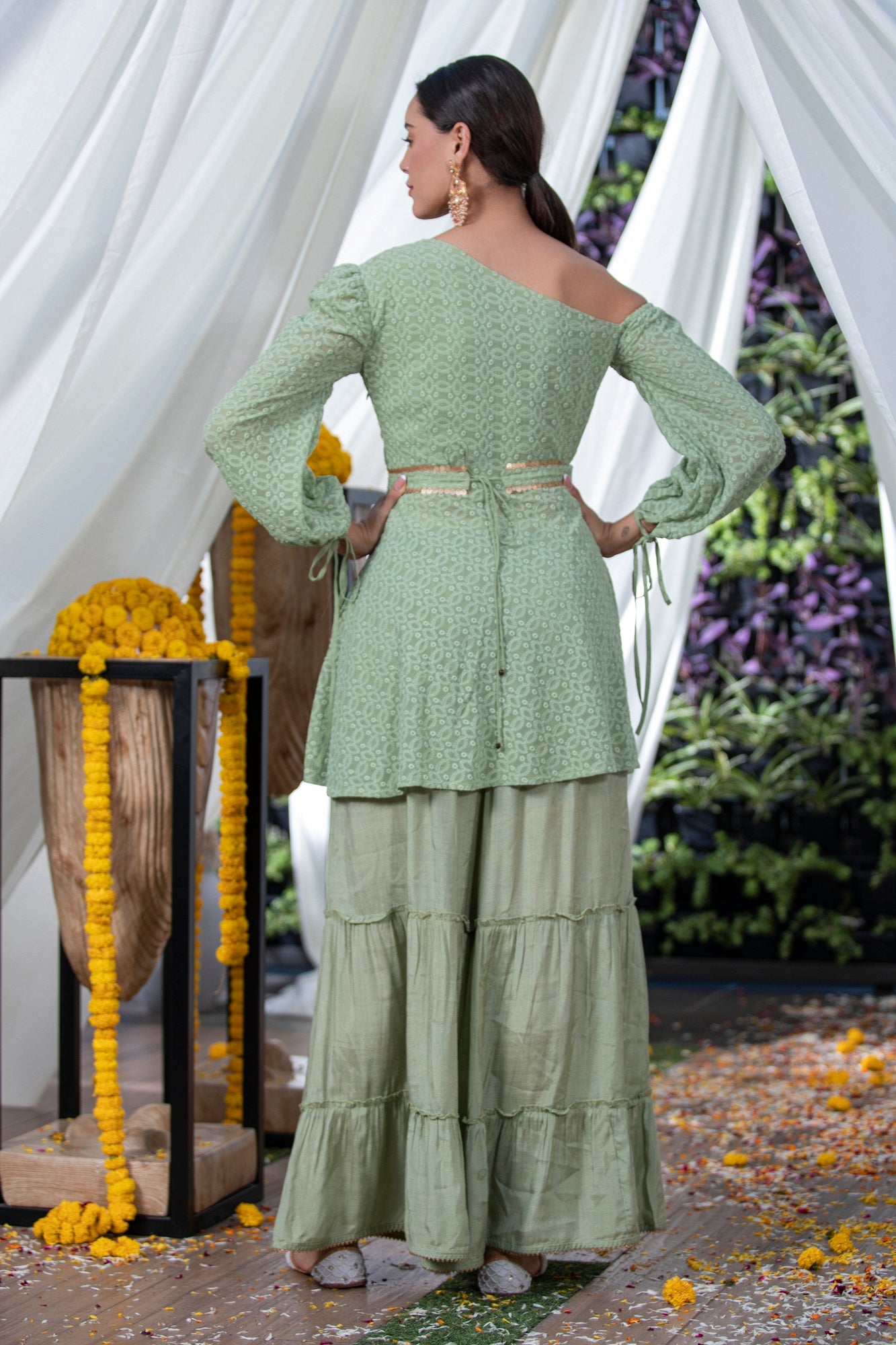 Green Chikankari Drop-Shoulder Fusion Set