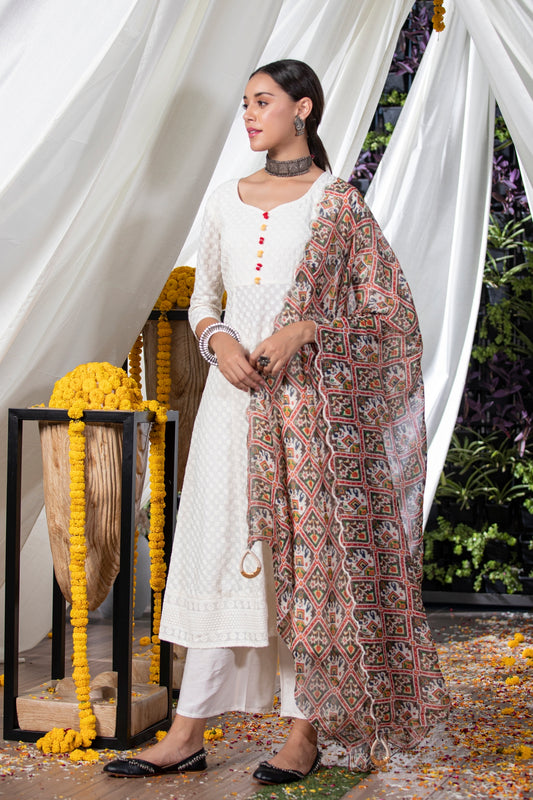 Cream Embroidered Suit Set With Organza Dupatta