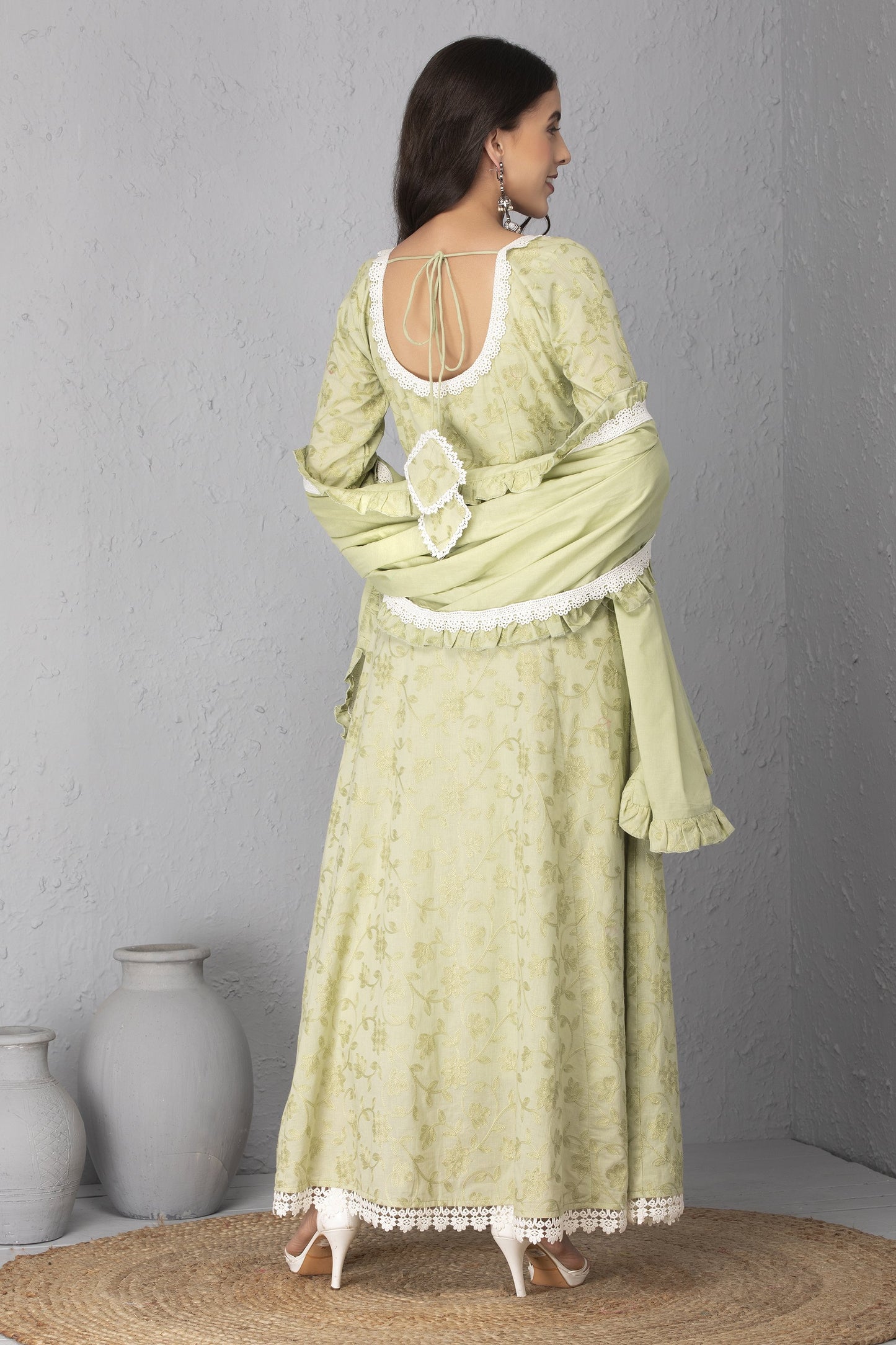 Mint Chain Stitch Gown and Dupatta Set