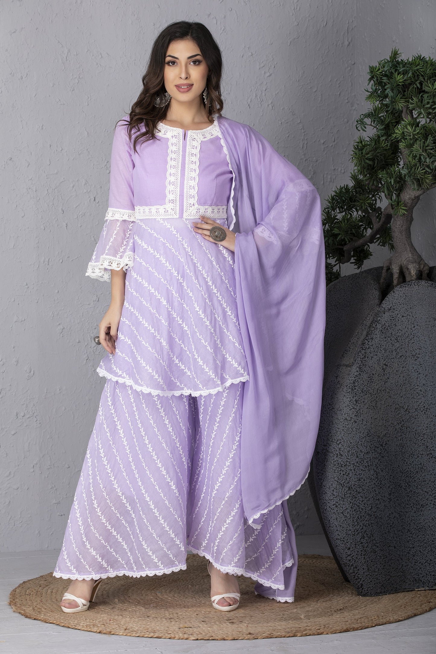 Mauve Embroidered Kurta Set With Dupatta