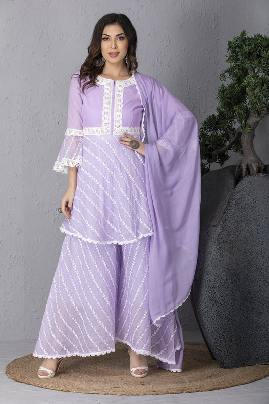 Mauve Embroidered Kurta Set With Dupatta