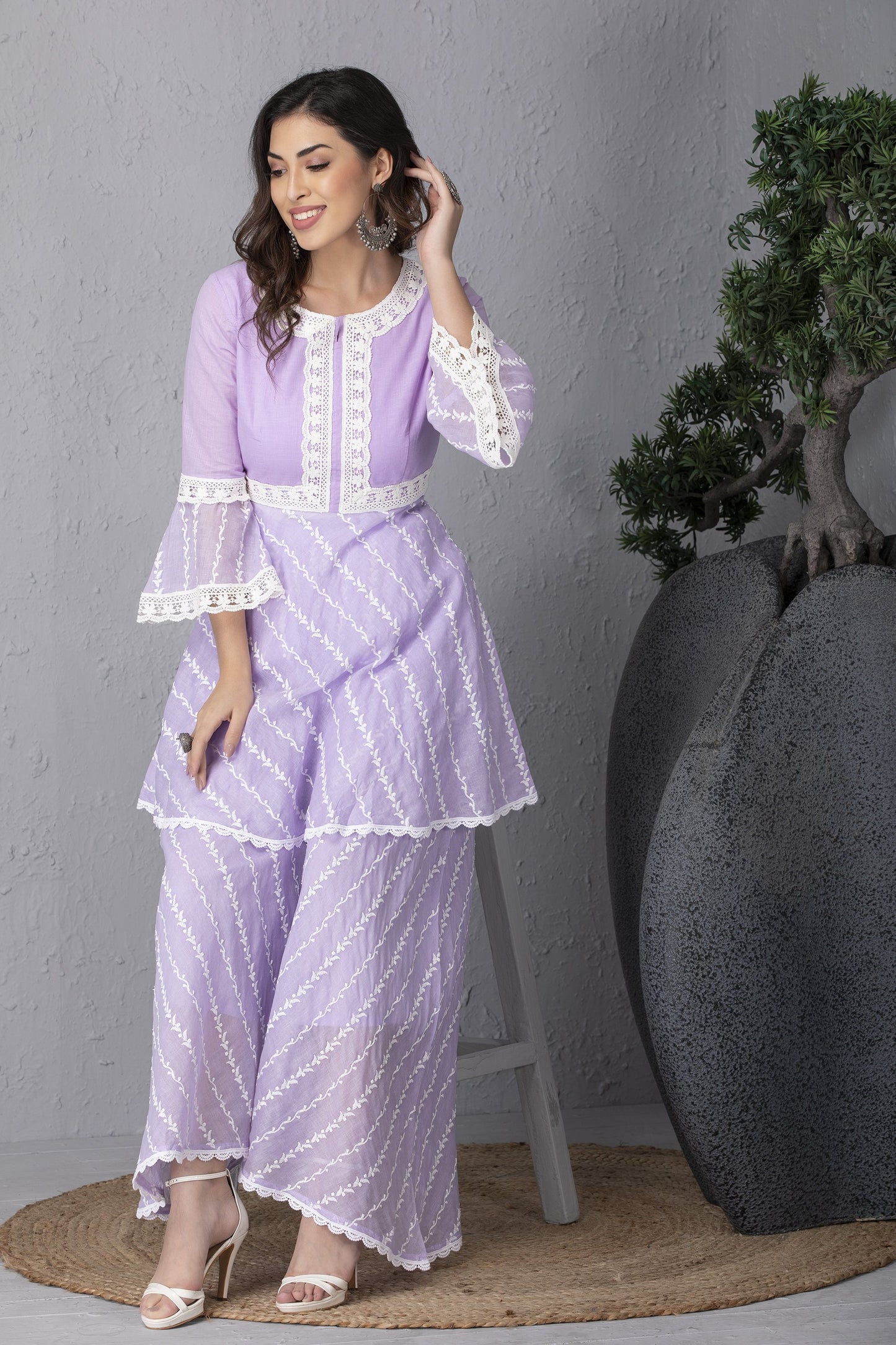Mauve Embroidered Kurta Set With Dupatta