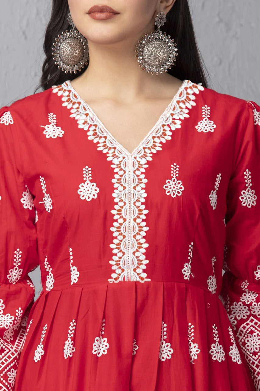 Red Chikankari Floral Motif Mul Kurta Set