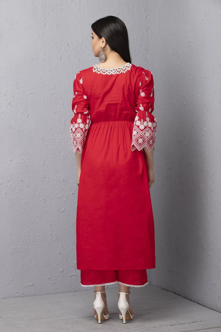 Red Chikankari Floral Motif Mul Kurta Set
