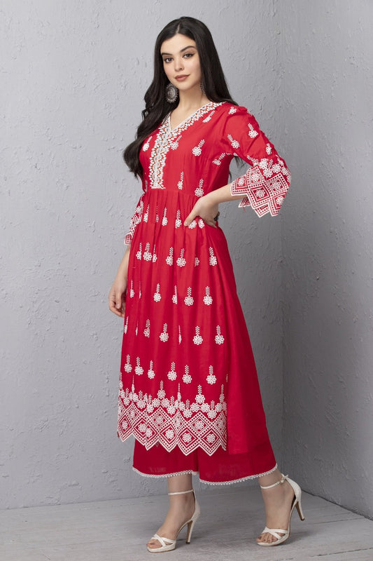 Red Chikankari Floral Motif Mul Kurta Set