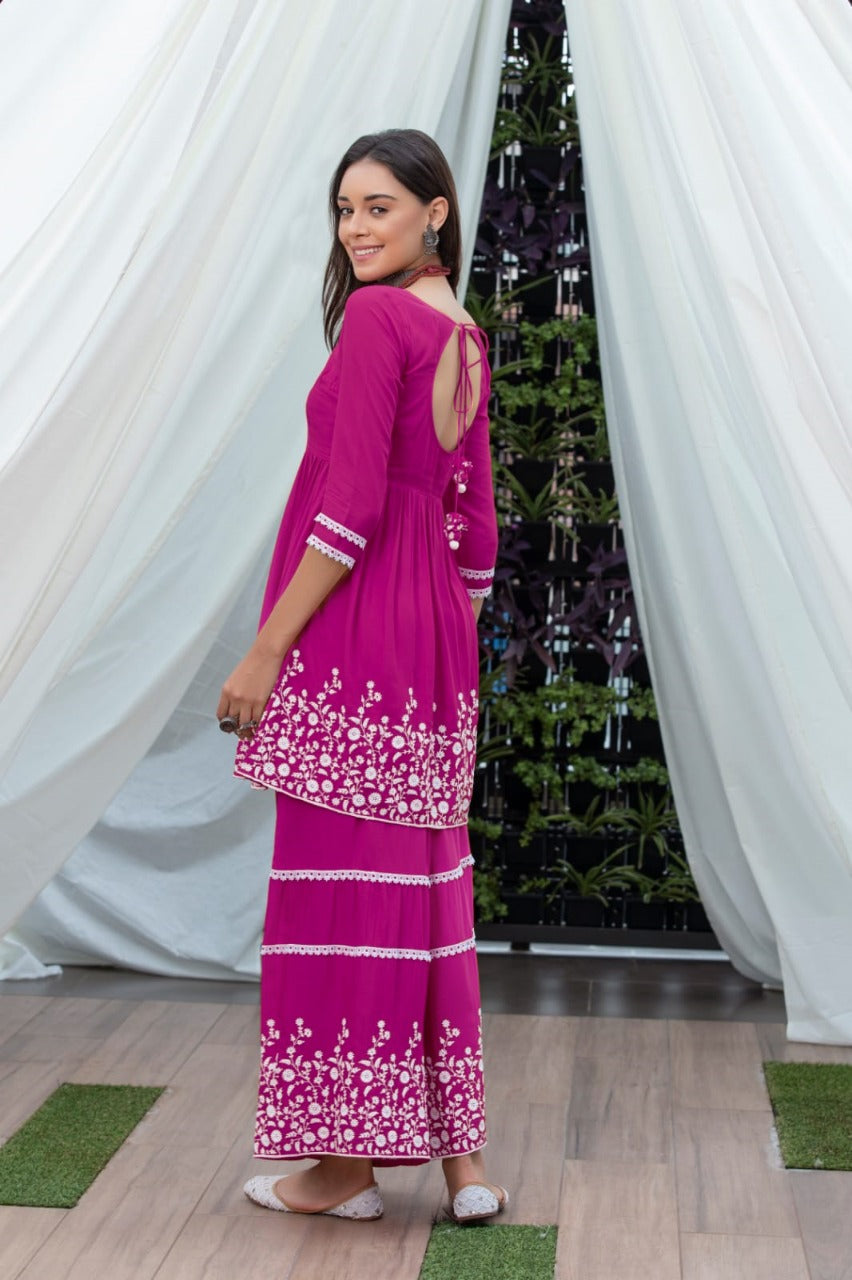Plum Flared Embroidered Kurta Set