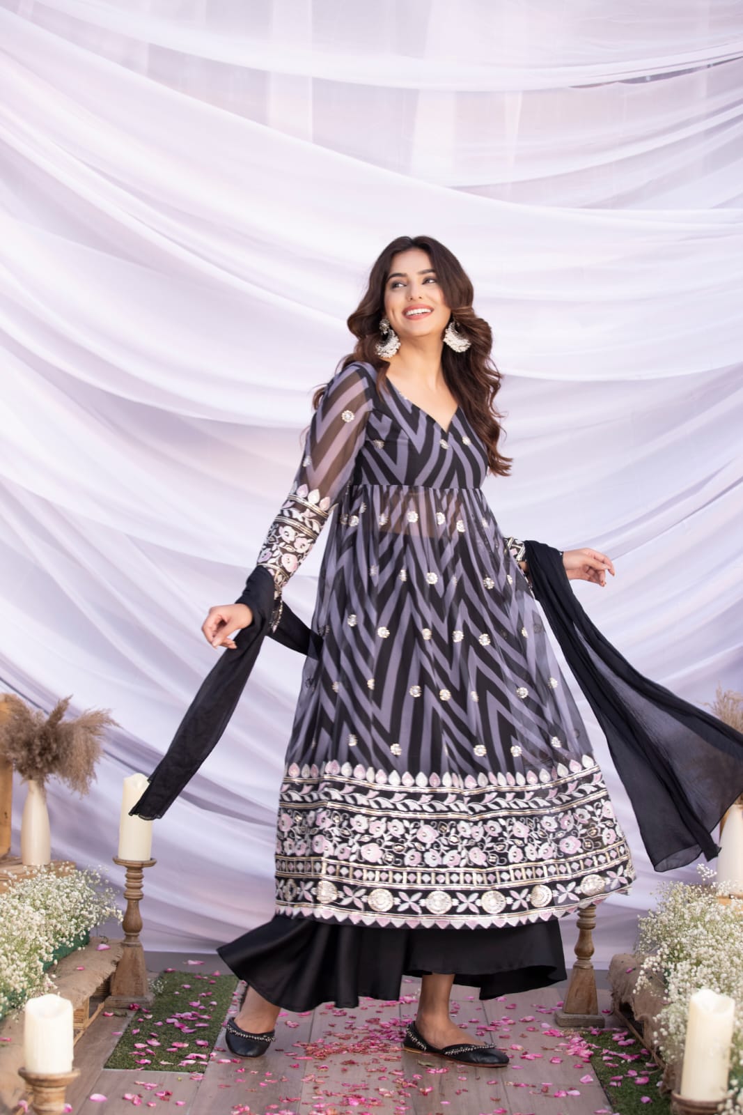 Black Aztec Print Embroidered Flared Suit Set