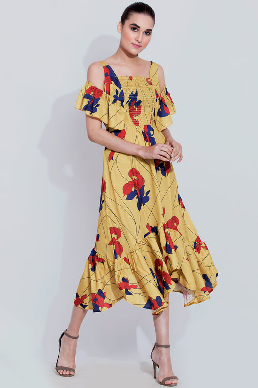 Yellow Smocking printed shift dress