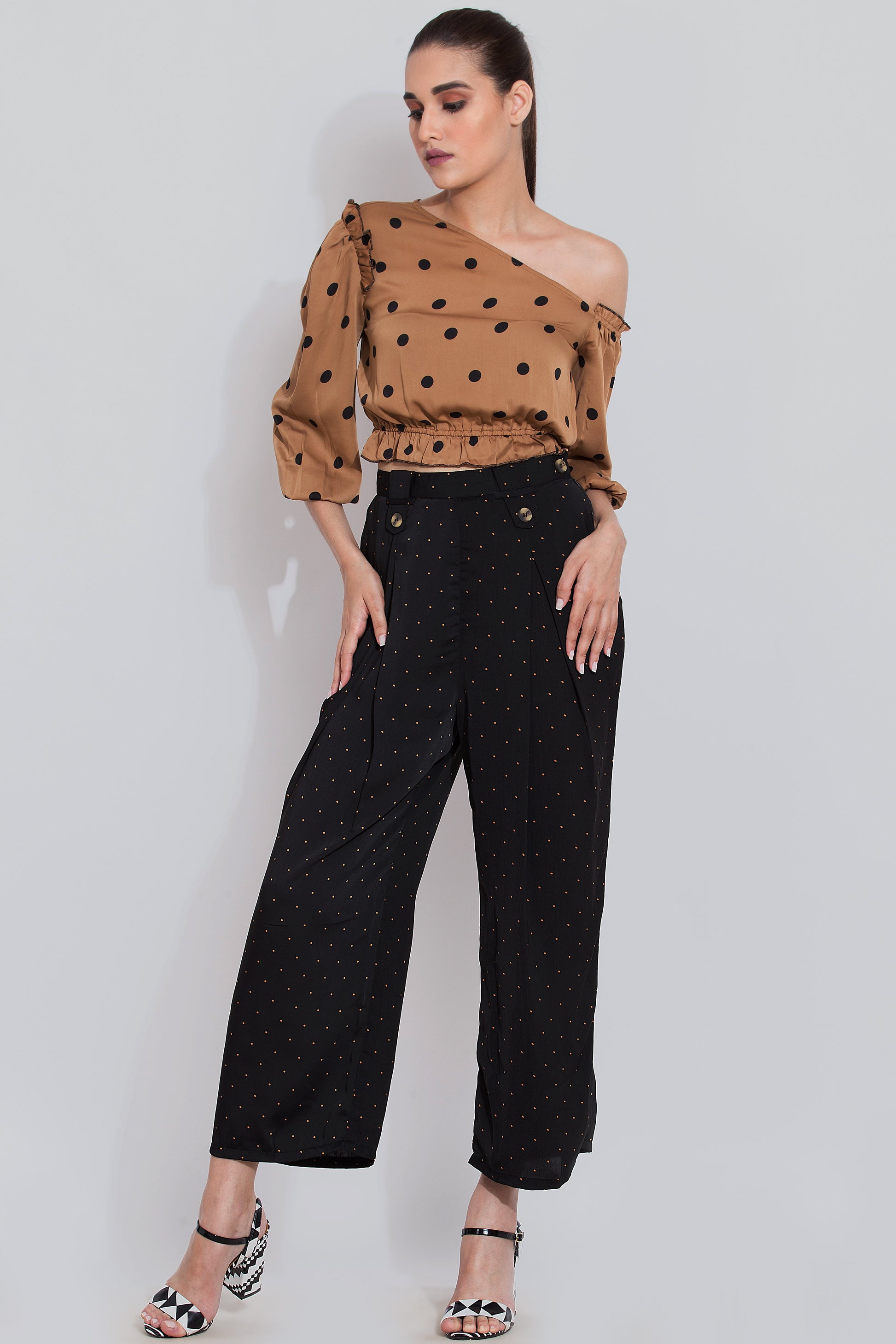 Polka Dot Print Top For Women in Cinnamon Brown Color