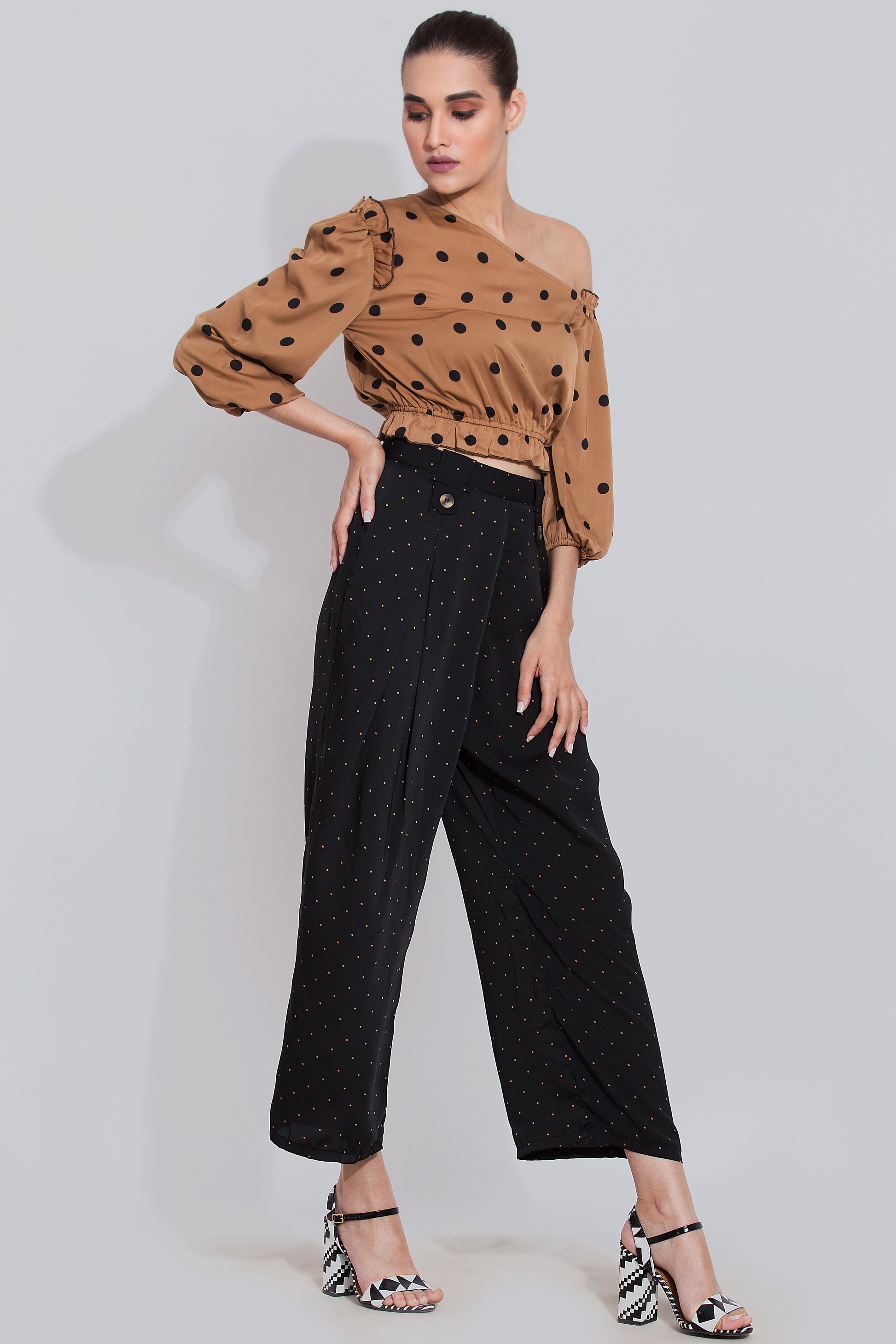 Polka Dot Print Top in Cinnamon Brown Color-Sewandyou