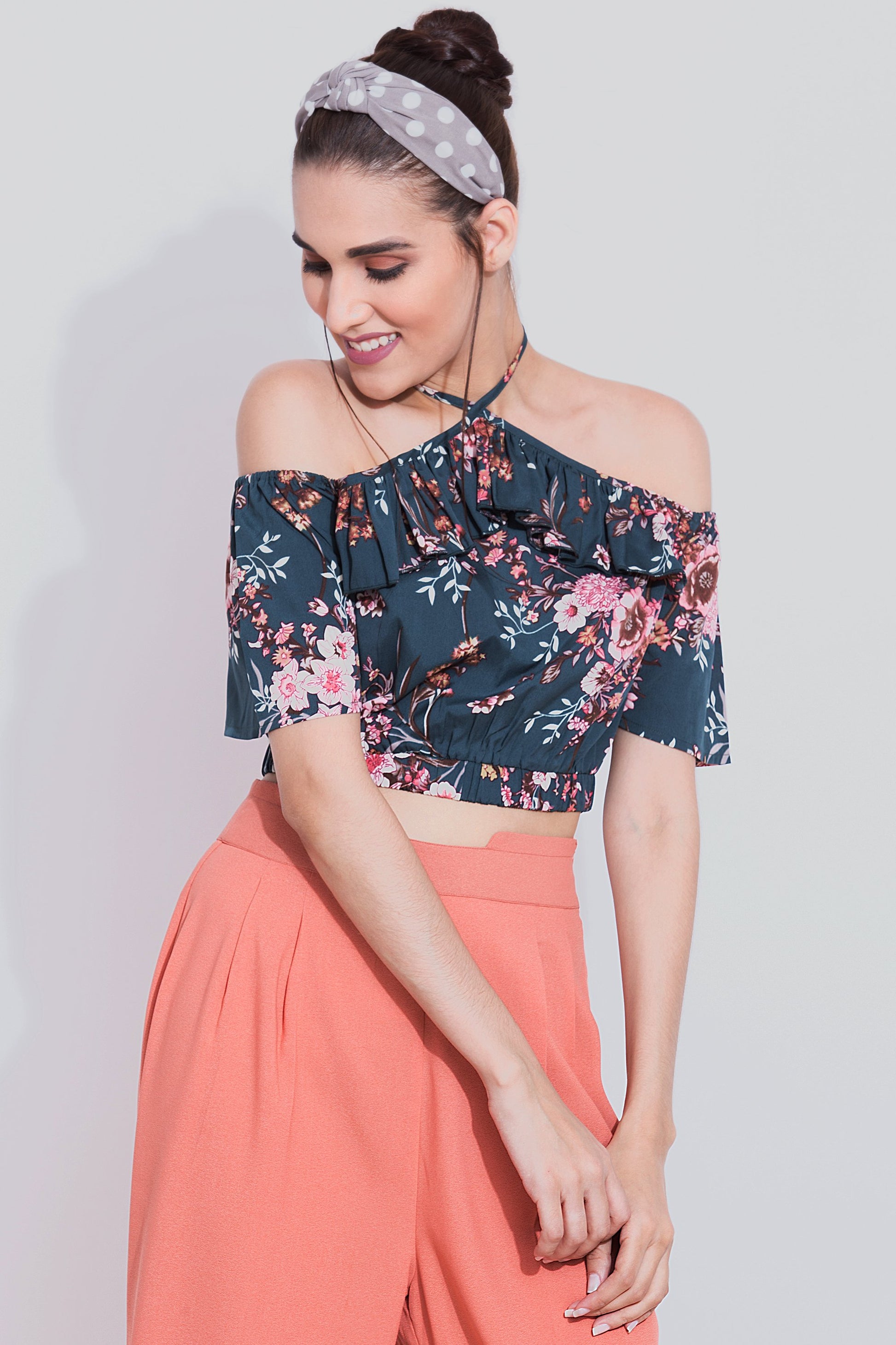 Teal Floral Halter Neck Crop Top For Women - Sewandyou.com